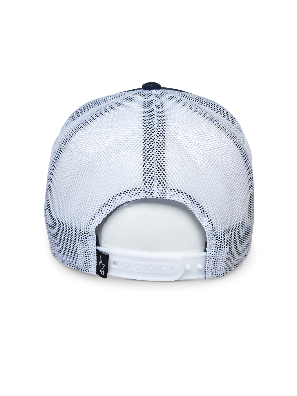 Casquette Trucker Alpinestars Selica, vue de dos, bleu marine et blanc, panneaux en mesh blanc et fermeture réglable à pression, petite étiquette noire avec logo, couvre-chef décontracté pour le sport automobile