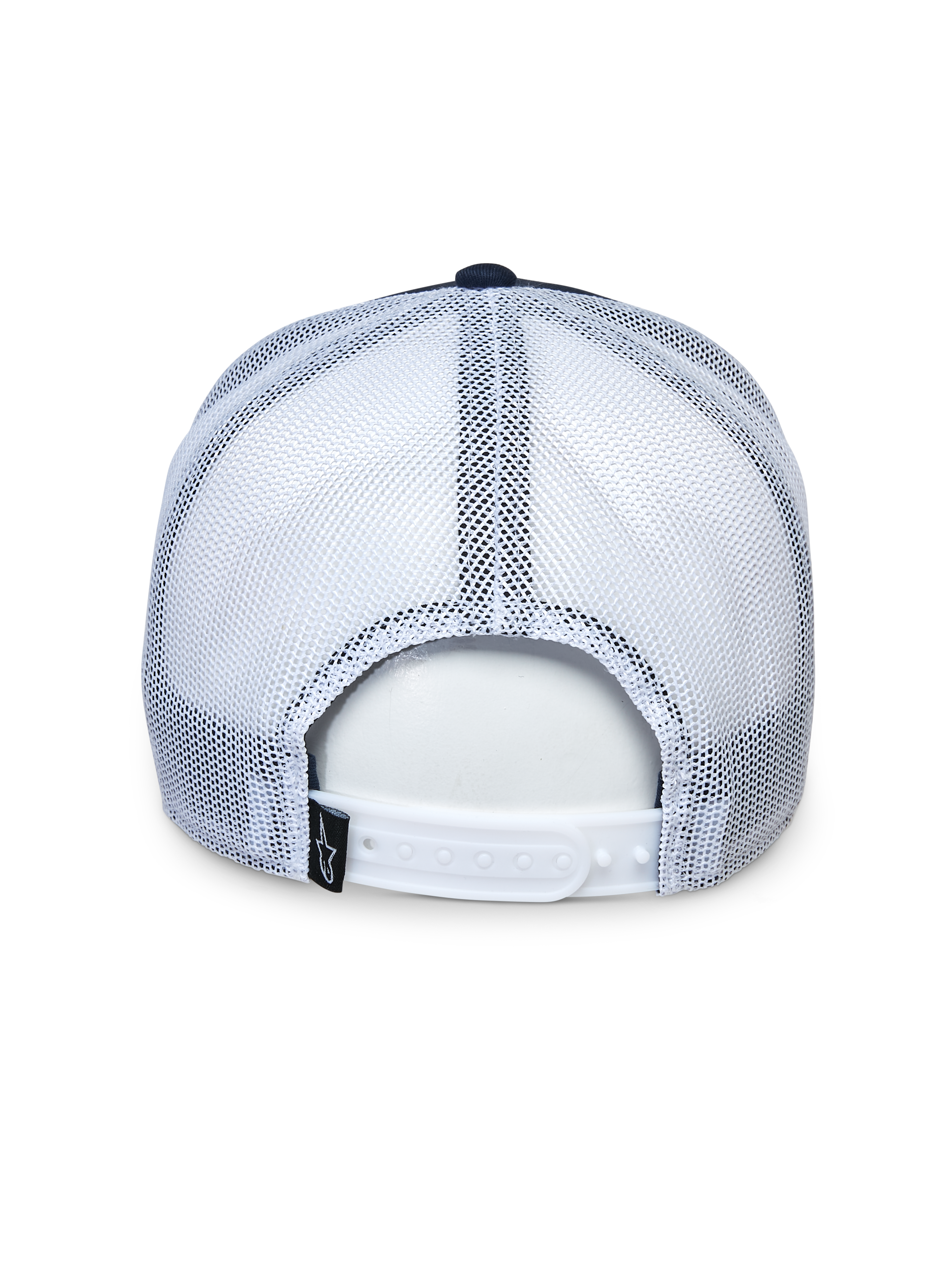 Casquette Trucker Alpinestars Selica, vue de dos, bleu marine et blanc, panneaux en mesh blanc et fermeture réglable à pression, petite étiquette noire avec logo, couvre-chef décontracté pour le sport automobile