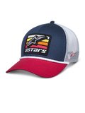 Casquette trucker Alpinestars Selica, bleu marine et rouge avec arrière en mesh blanc, écusson brodé à l'avant avec logo étoile et rayures colorées, bordure en corde tressée blanche, streetwear décontracté inspiré du sport automobile