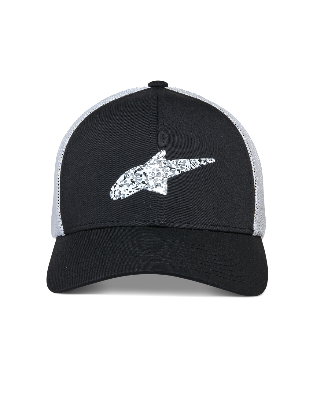 Casquette Trucker Alpinestars Terolithic, casquette Sportswear, noire avec arrière en filet blanc, logo étoile Alpinestars blanc texturé sur le devant, visière courbée et couronne basse structurée