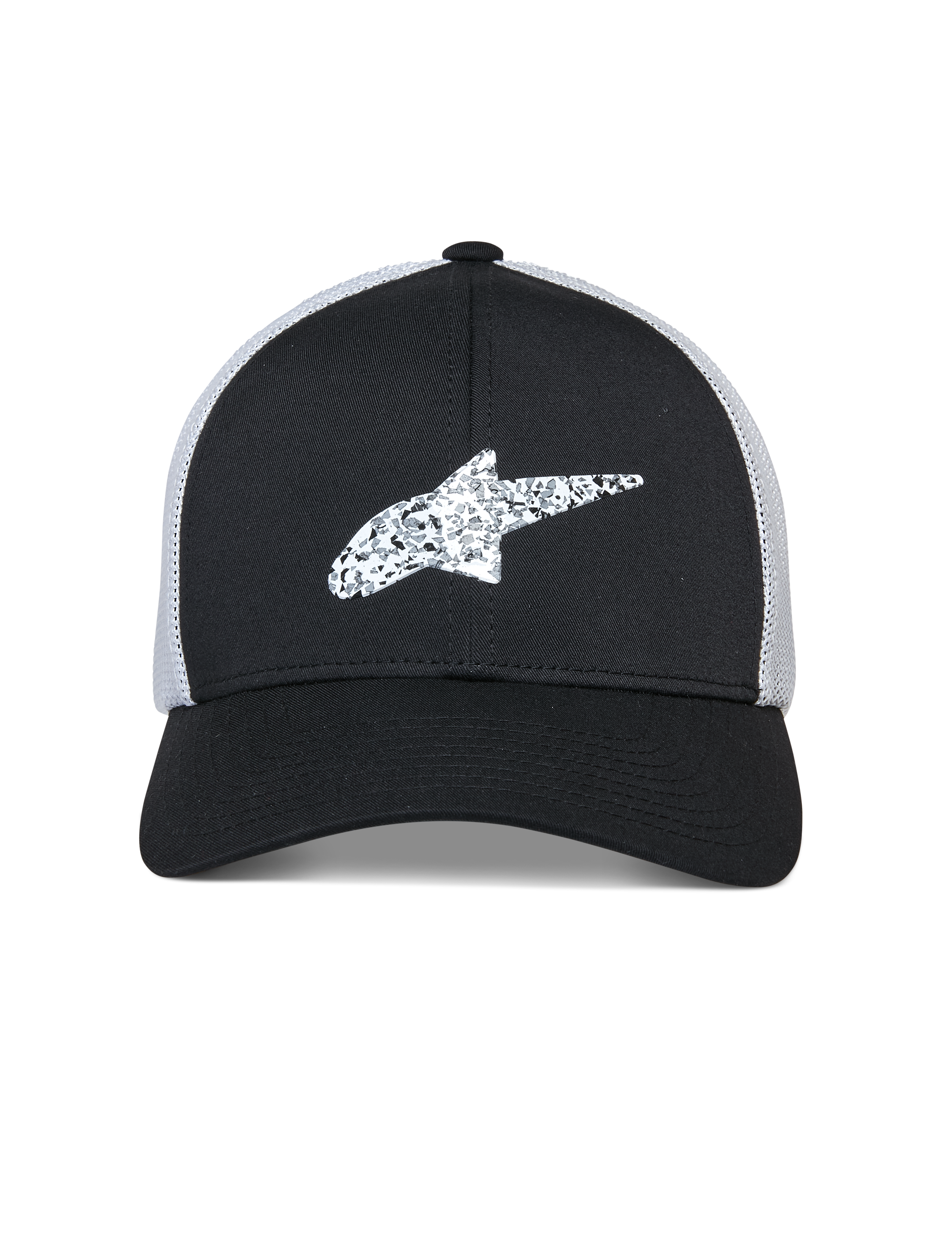 Casquette Trucker Alpinestars Terolithic, casquette Sportswear, noire avec arrière en filet blanc, logo étoile Alpinestars blanc texturé sur le devant, visière courbée et couronne basse structurée