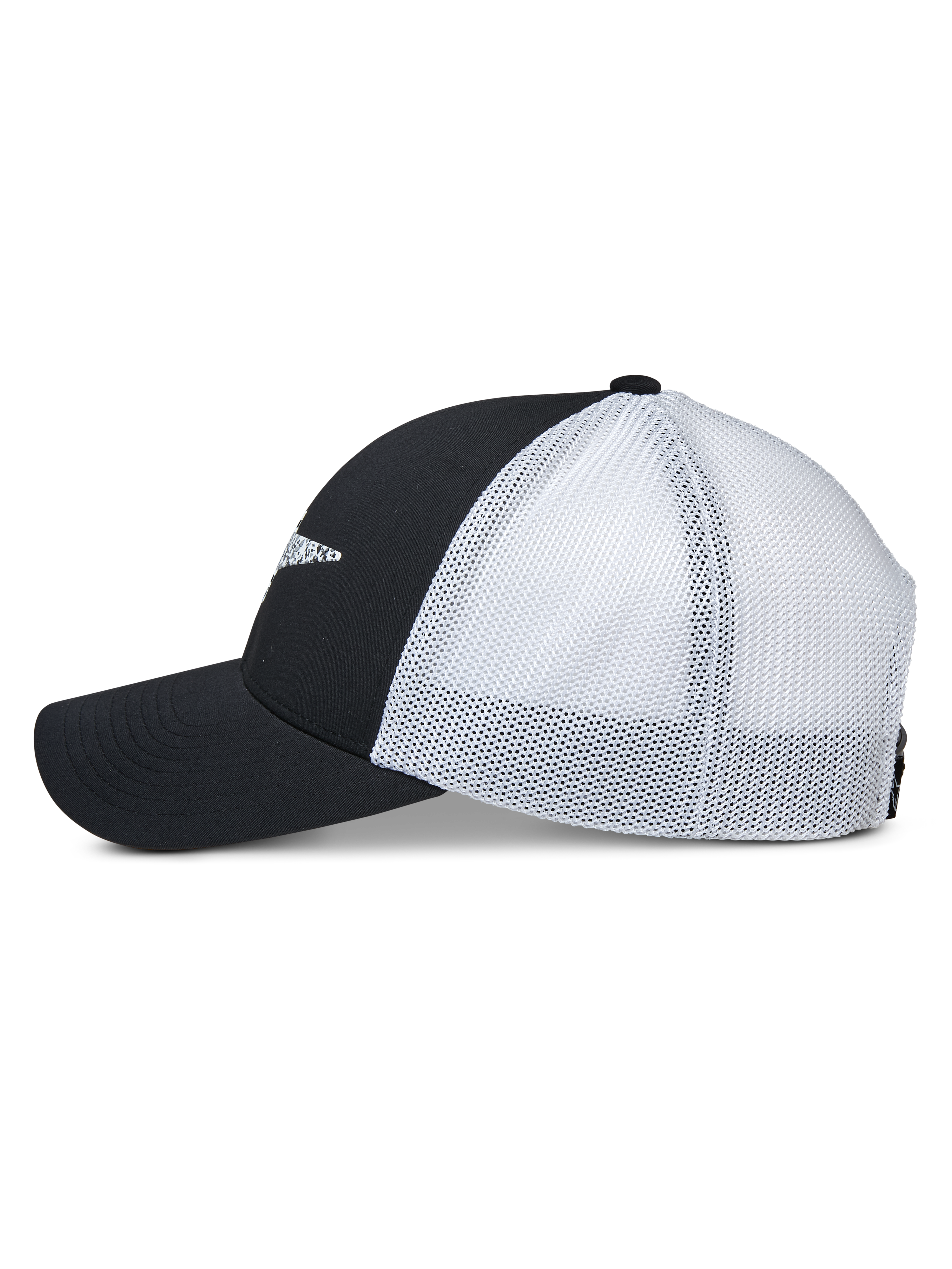 Casquette Trucker Alpinestars Terolithic, vue de profil, panneaux avant noirs et visière courbée avec panneaux arrière en filet blanc, casquette snapback décontractée