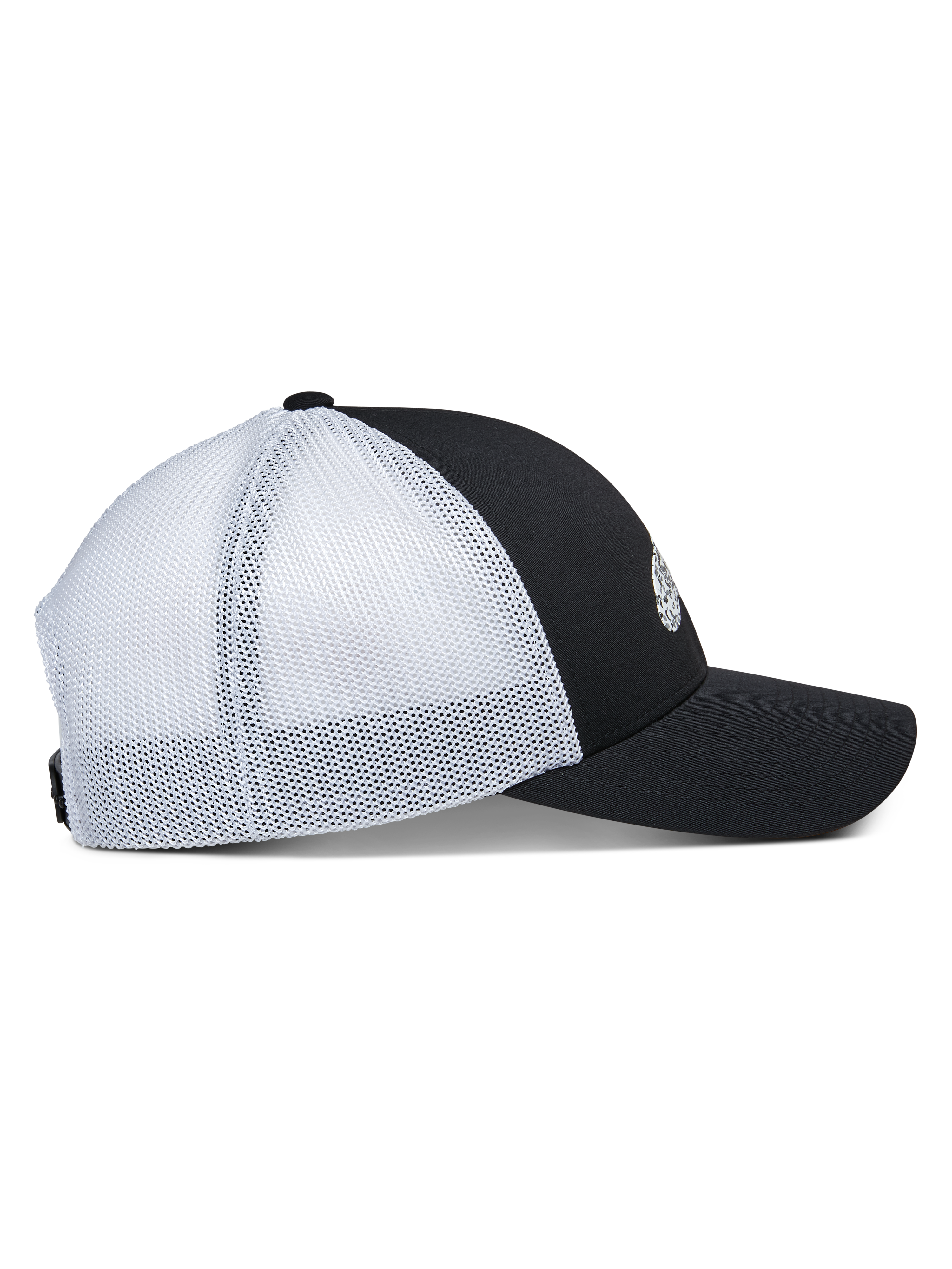 Casquette Trucker Terolithic Alpinestars, vue de côté, panneau avant noir avec visière courbée, panneaux arrière en mesh blanc, couronne basse structurée, couvre-chef de style trucker classique