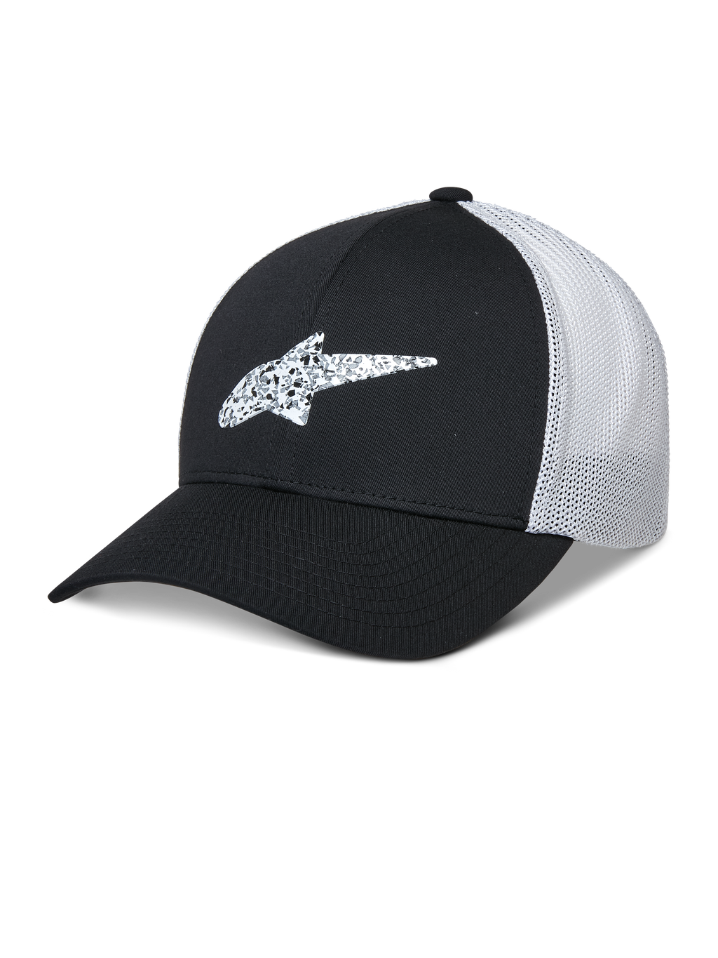 Alpinestars Terolithic Trucker Hat, casquette de baseball noire et blanche à visière courbée, logo étoile en TPU à motifs, panneau arrière en mesh respirant blanc, design à couronne basse structurée