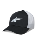 Alpinestars Terolithic Trucker Hat, casquette de baseball noire et blanche à visière courbée, logo étoile en TPU à motifs, panneau arrière en mesh respirant blanc, design à couronne basse structurée