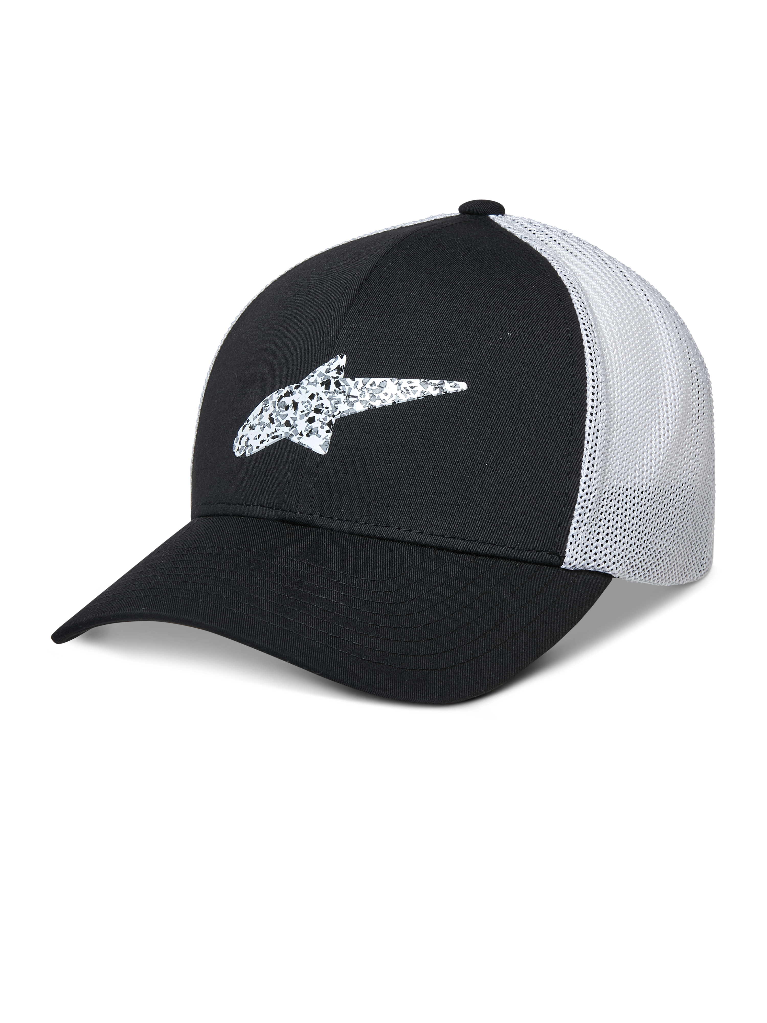 Alpinestars Terolithic Trucker Hat, casquette de baseball noire et blanche à visière courbée, logo étoile en TPU à motifs, panneau arrière en mesh respirant blanc, design à couronne basse structurée