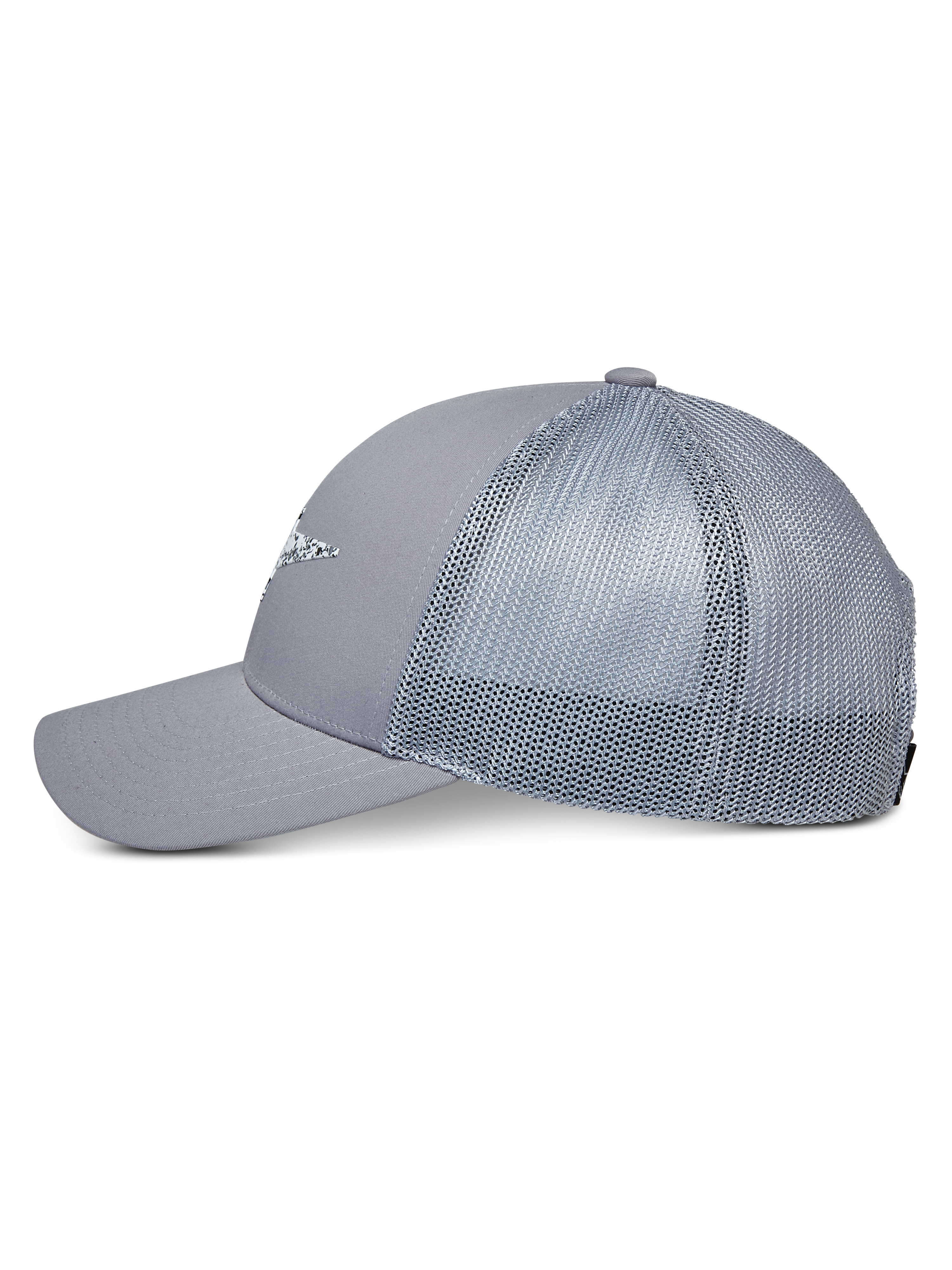 Casquette Trucker Terolithic Alpinestars, grise, casquette trucker avec arrière en filet et visière courbée, vue de profil, couronne basse structurée avec détail du logo à l'avant, couvre-chef décontracté inspiré par le sport automobile