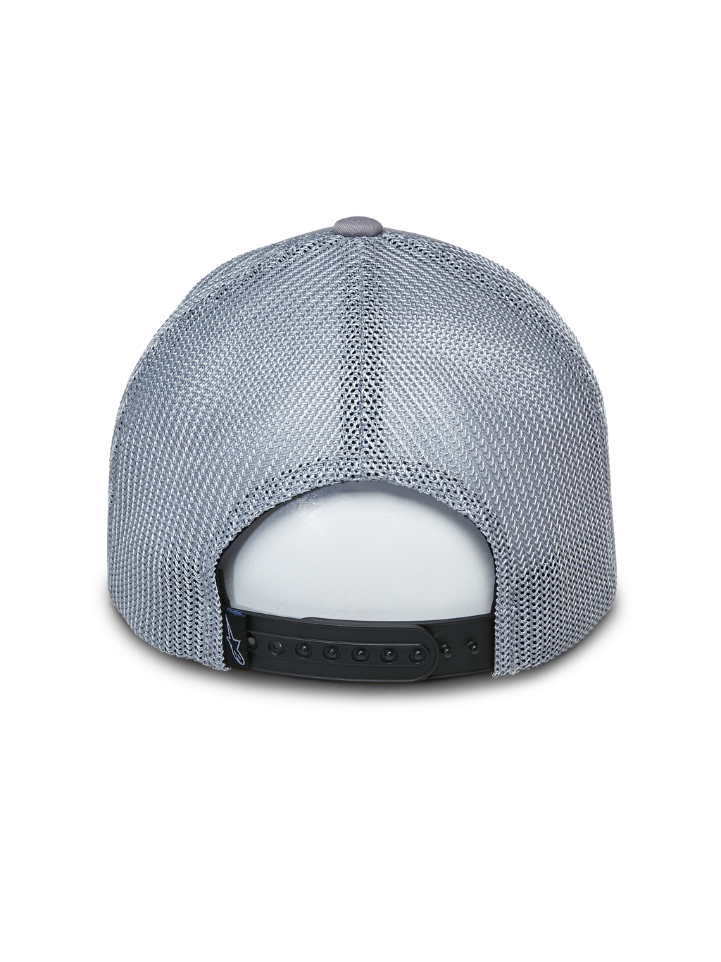 Casquette Trucker Alpinestars Terolithic, casquette trucker grise, vue arrière avec panneaux en maille grise et fermeture à pression noire, accessoire décontracté inspiré du sport automobile