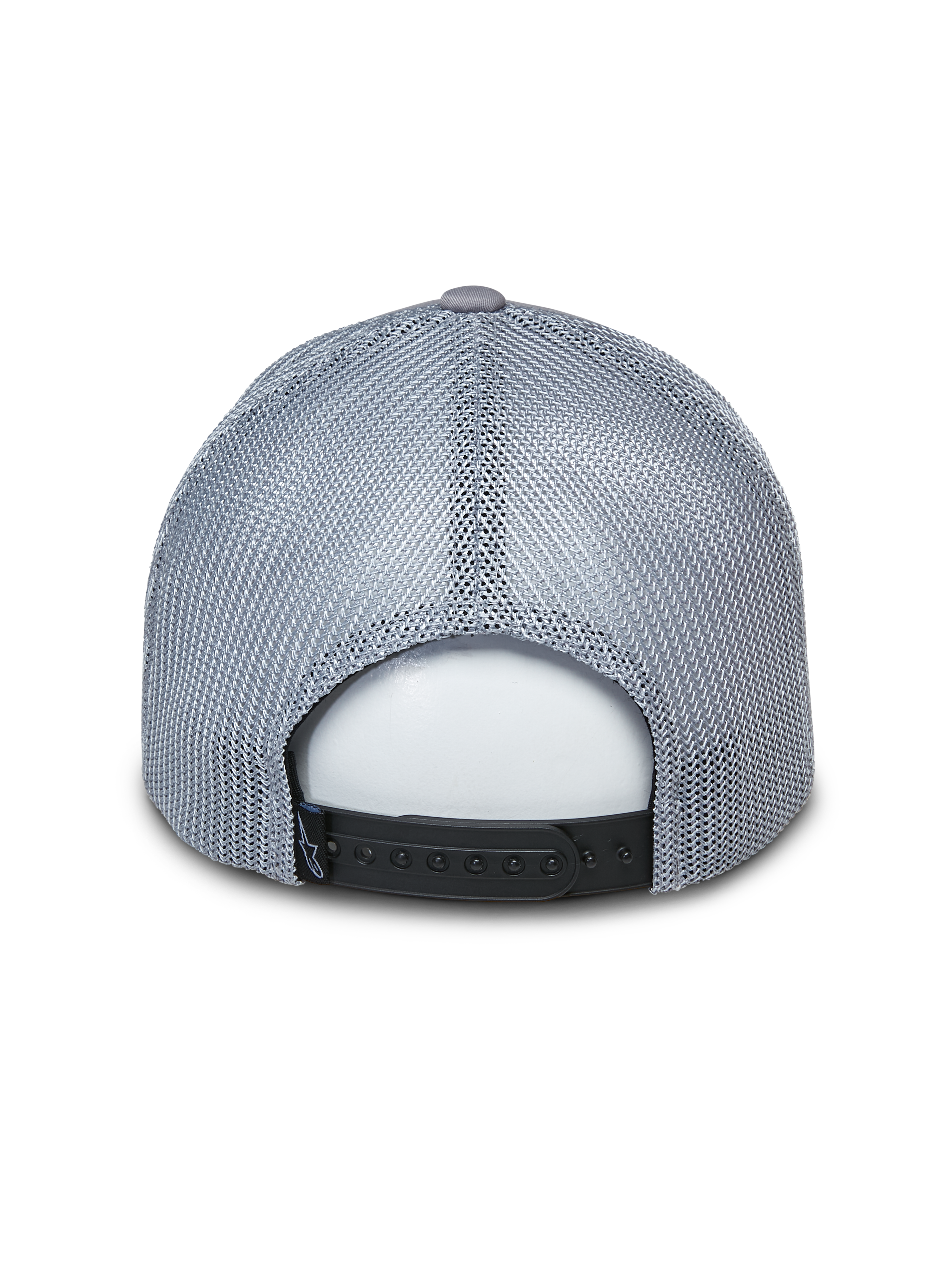 Casquette Trucker Alpinestars Terolithic, casquette trucker grise, vue arrière avec panneaux en maille grise et fermeture à pression noire, accessoire décontracté inspiré du sport automobile
