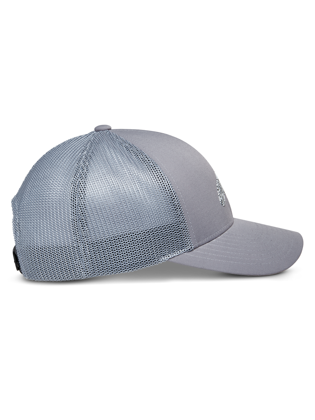 Casquette Trucker Alpinestars Terolithic, gris, vue de profil avec visière courbée et panneaux arrière en mesh, couronne basse structurée, sportswear décontracté