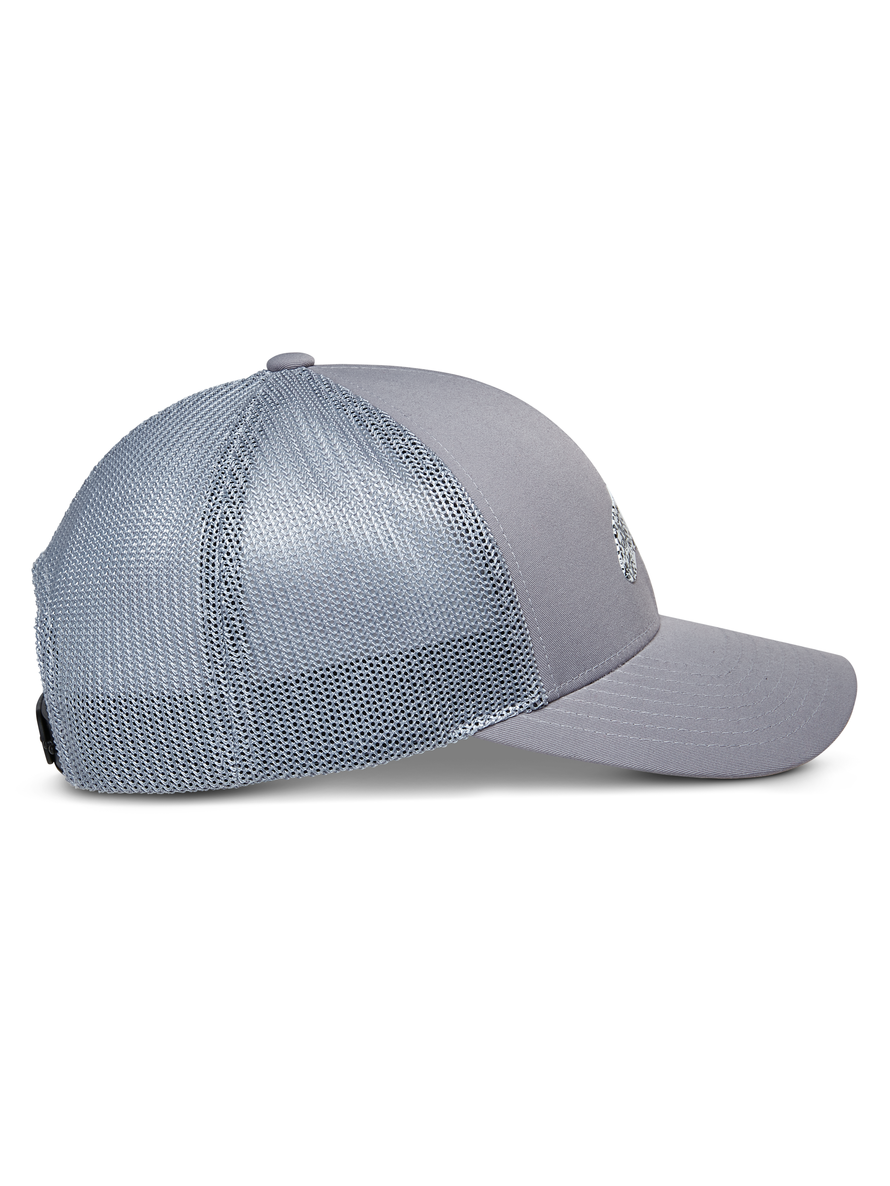 Casquette Trucker Alpinestars Terolithic, gris, vue de profil avec visière courbée et panneaux arrière en mesh, couronne basse structurée, sportswear décontracté