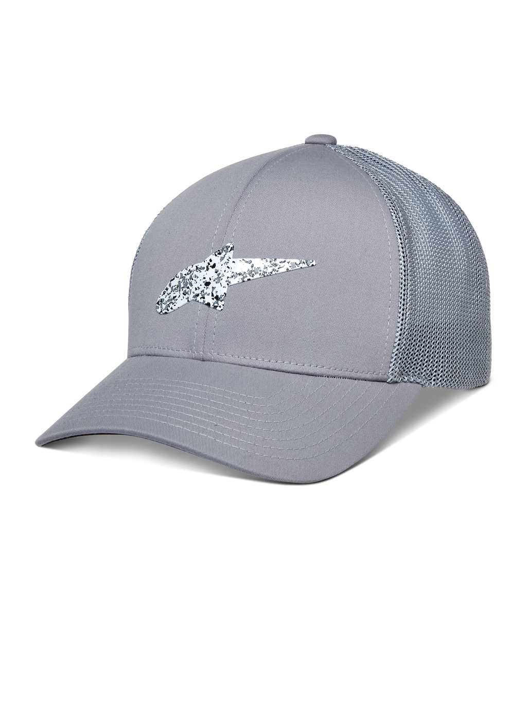 Alpinestars Terolithic Trucker Hat, casquette trucker grise, visière courbée avec dos en mesh, logo en TPU moucheté noir et blanc, style sportif décontracté