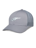 Alpinestars Terolithic Trucker Hat, casquette trucker grise, visière courbée avec dos en mesh, logo en TPU moucheté noir et blanc, style sportif décontracté