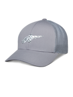 Alpinestars Terolithic Trucker Hat, casquette trucker grise, visière courbée avec dos en mesh, logo en TPU moucheté noir et blanc, style sportif décontracté