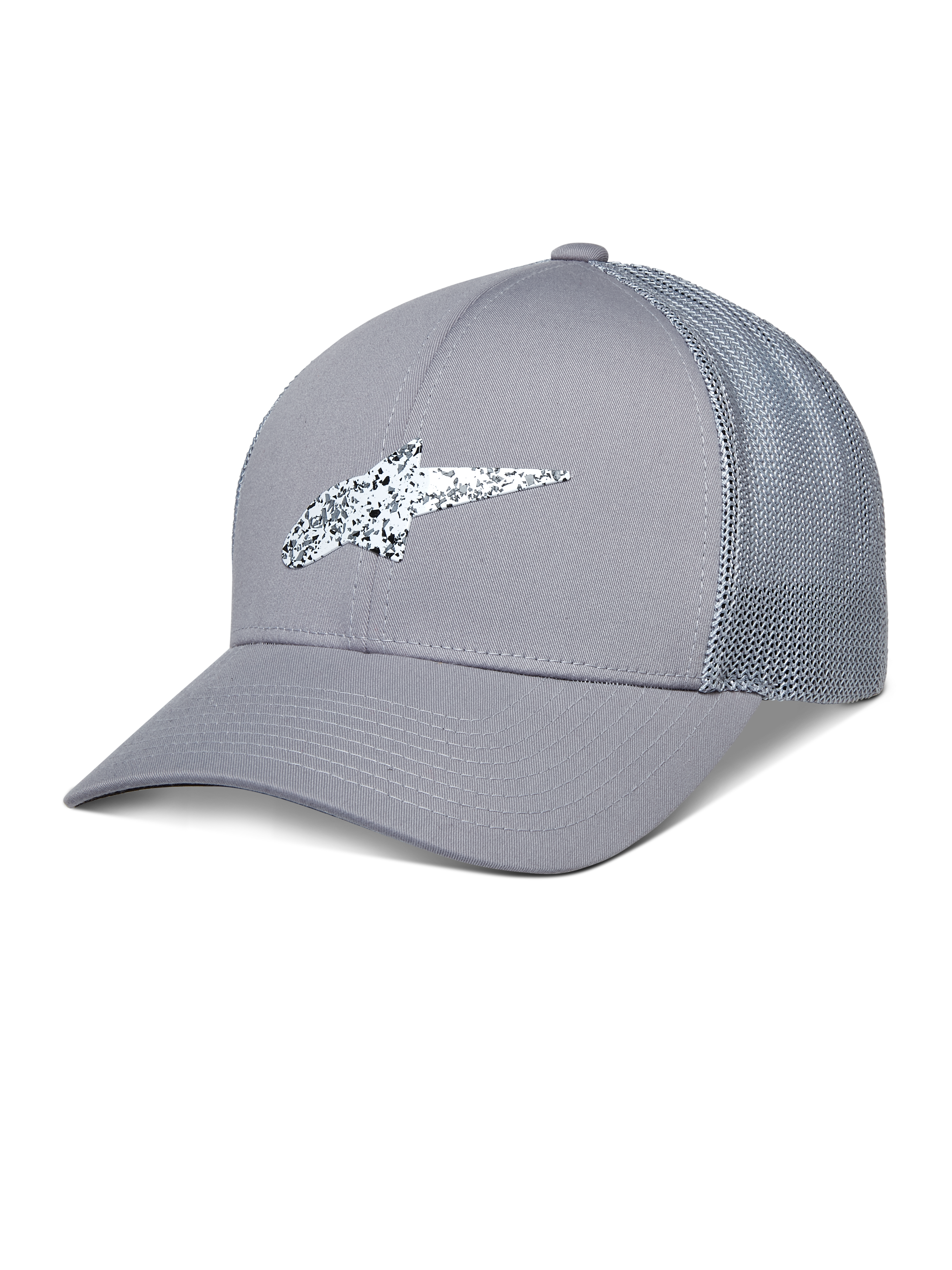 Alpinestars Terolithic Trucker Hat, casquette trucker grise, visière courbée avec dos en mesh, logo en TPU moucheté noir et blanc, style sportif décontracté