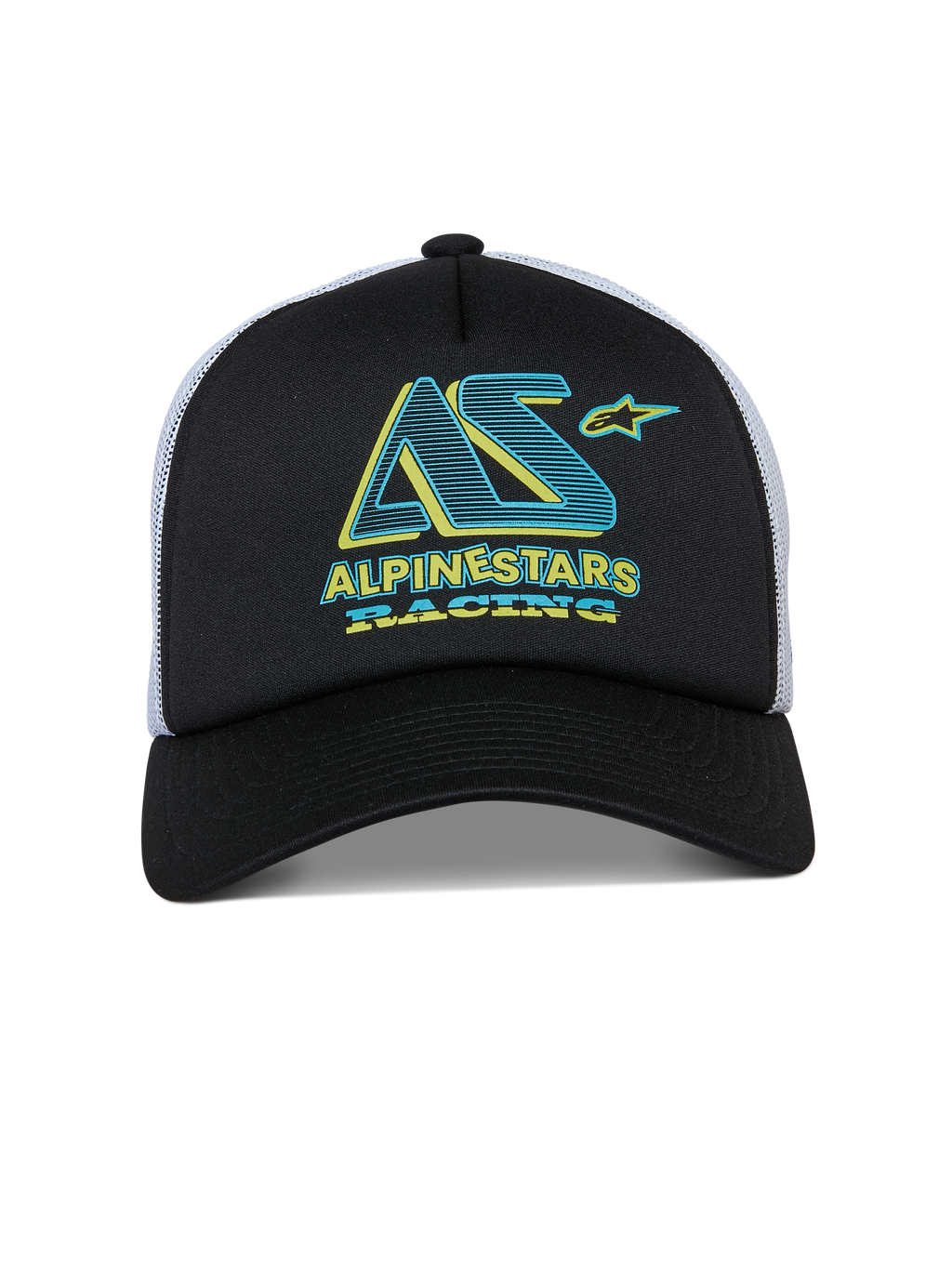 Casquette Trucker Alpinestars Ayess, casquette snapback, noir et blanc, graphisme Alpinestars Racing bleu sarcelle et jaune sur couronne en mousse, visière courbée et arrière en mesh blanc, design décontracté inspiré du sport automobile