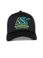Casquette Trucker Alpinestars Ayess, casquette snapback, noir et blanc, graphisme Alpinestars Racing bleu sarcelle et jaune sur couronne en mousse, visière courbée et arrière en mesh blanc, design décontracté inspiré du sport automobile