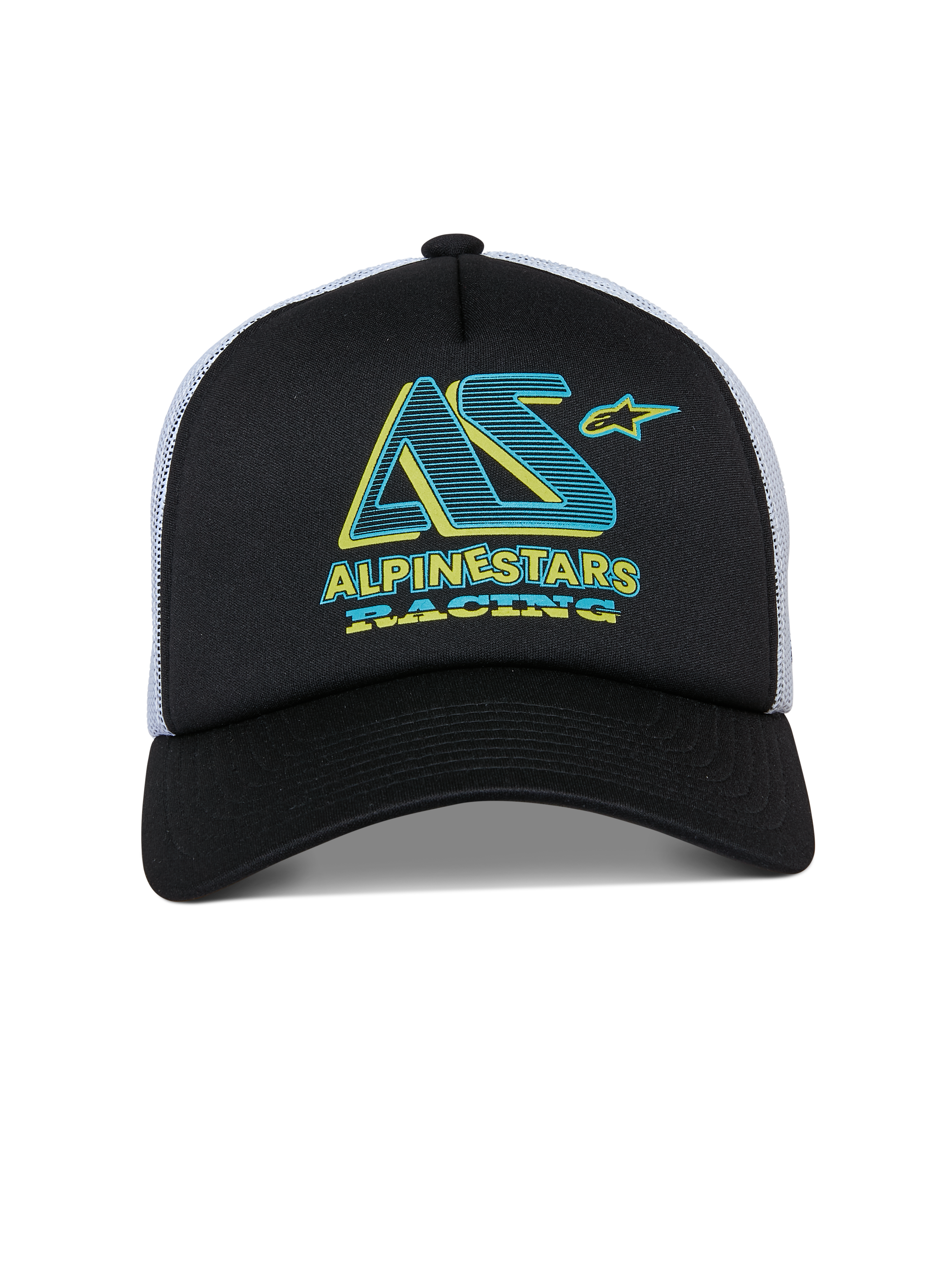 Casquette Trucker Alpinestars Ayess, casquette snapback, noir et blanc, graphisme Alpinestars Racing bleu sarcelle et jaune sur couronne en mousse, visière courbée et arrière en mesh blanc, design décontracté inspiré du sport automobile