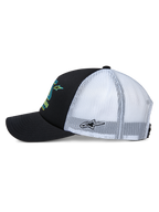 Casquette Trucker Ayess d'Alpinestars, vue de profil, avant noir et visière courbée avec arrière en maille blanche, graphismes colorés à l'avant et broderie d'étoile sur le côté, couvre-chef décontracté inspiré du sport automobile