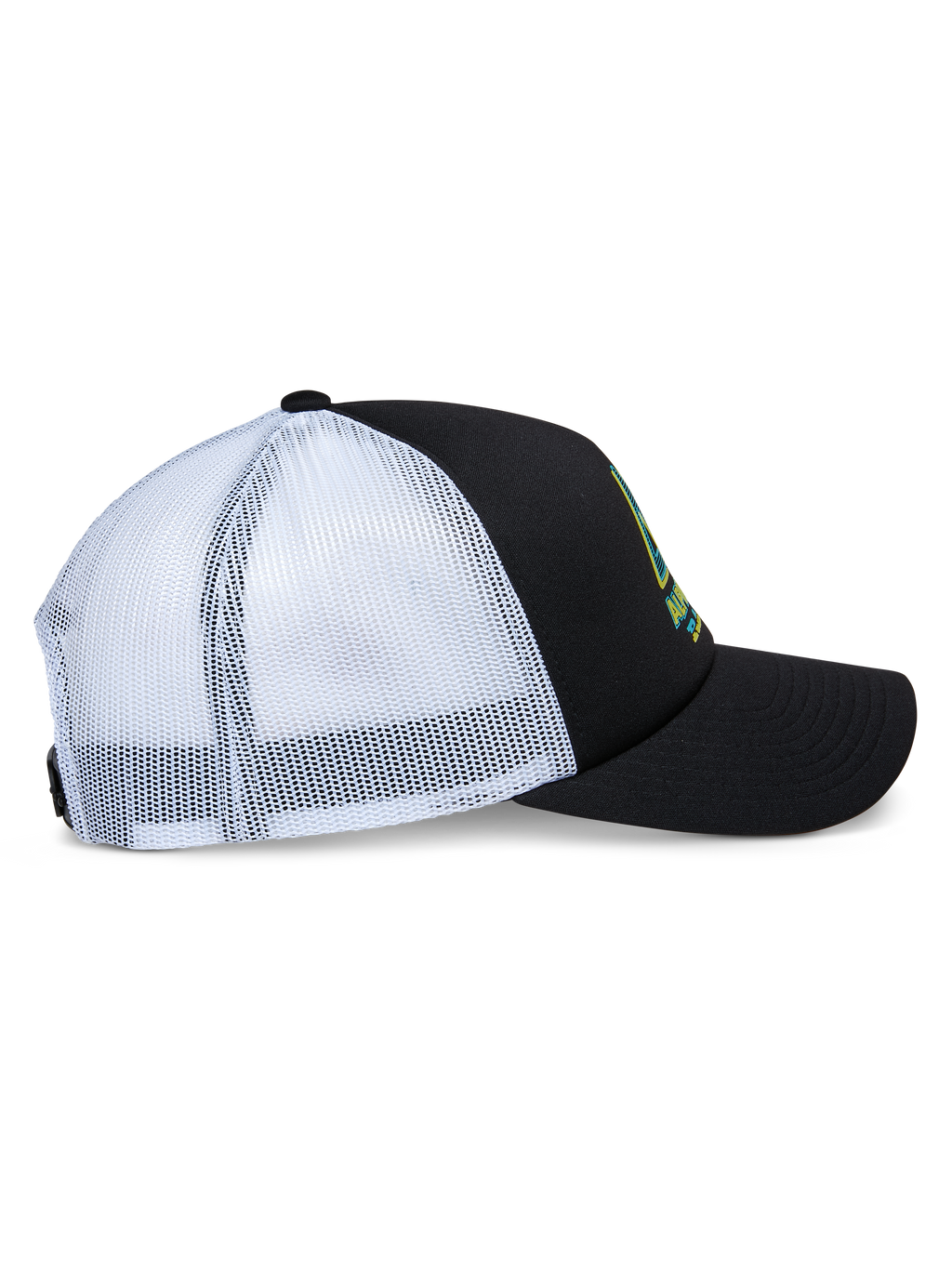 Casquette Trucker Ayess Alpinestars, vue de profil, couronne en mousse noire et visière courbée avec panneaux arrière en maille blanche, logo imprimé à l'avant, snapback décontractée d'inspiration motorsport