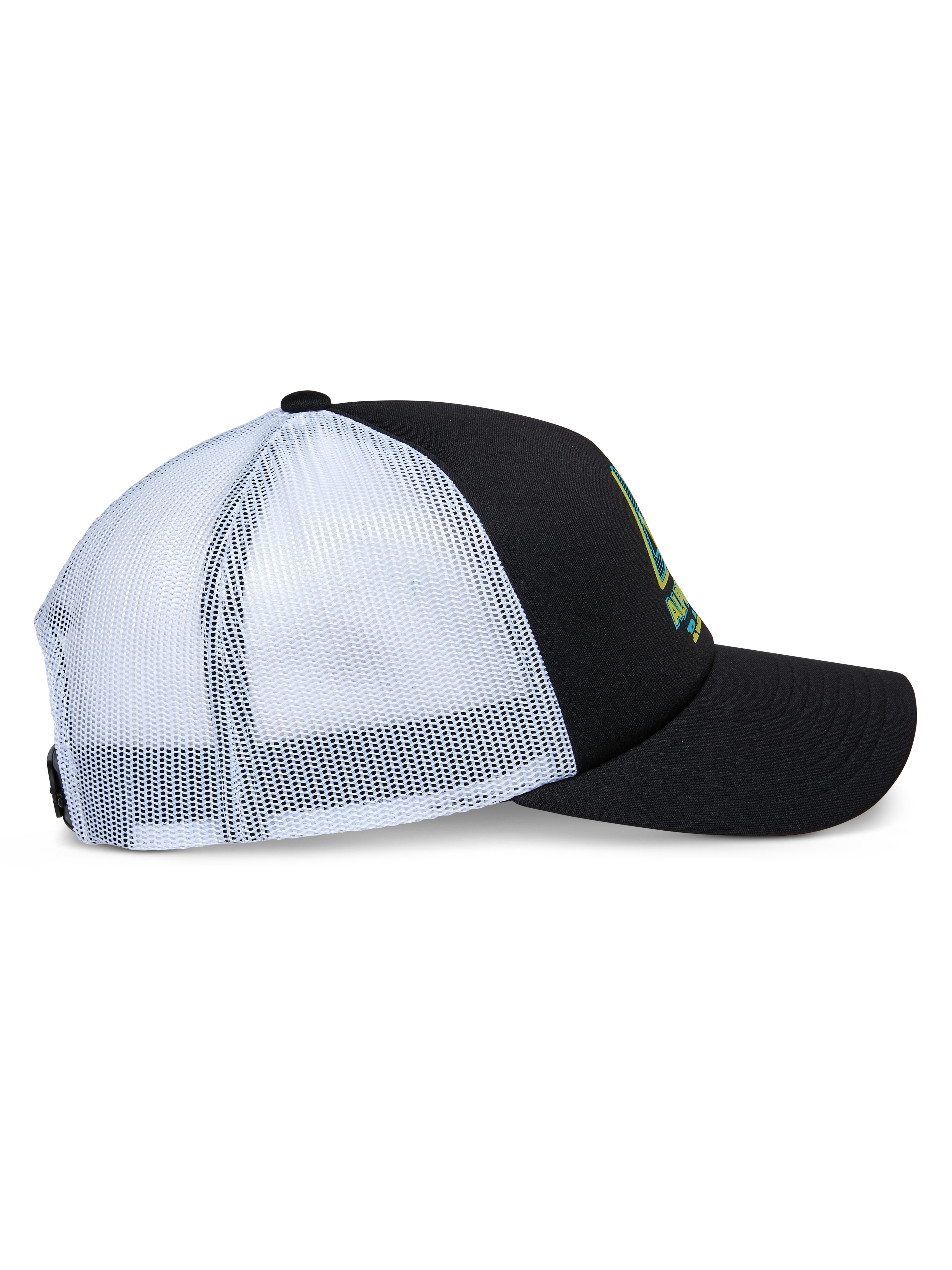 Casquette Trucker Ayess Alpinestars, vue de profil, couronne en mousse noire et visière courbée avec panneaux arrière en maille blanche, logo imprimé à l'avant, snapback décontractée d'inspiration motorsport