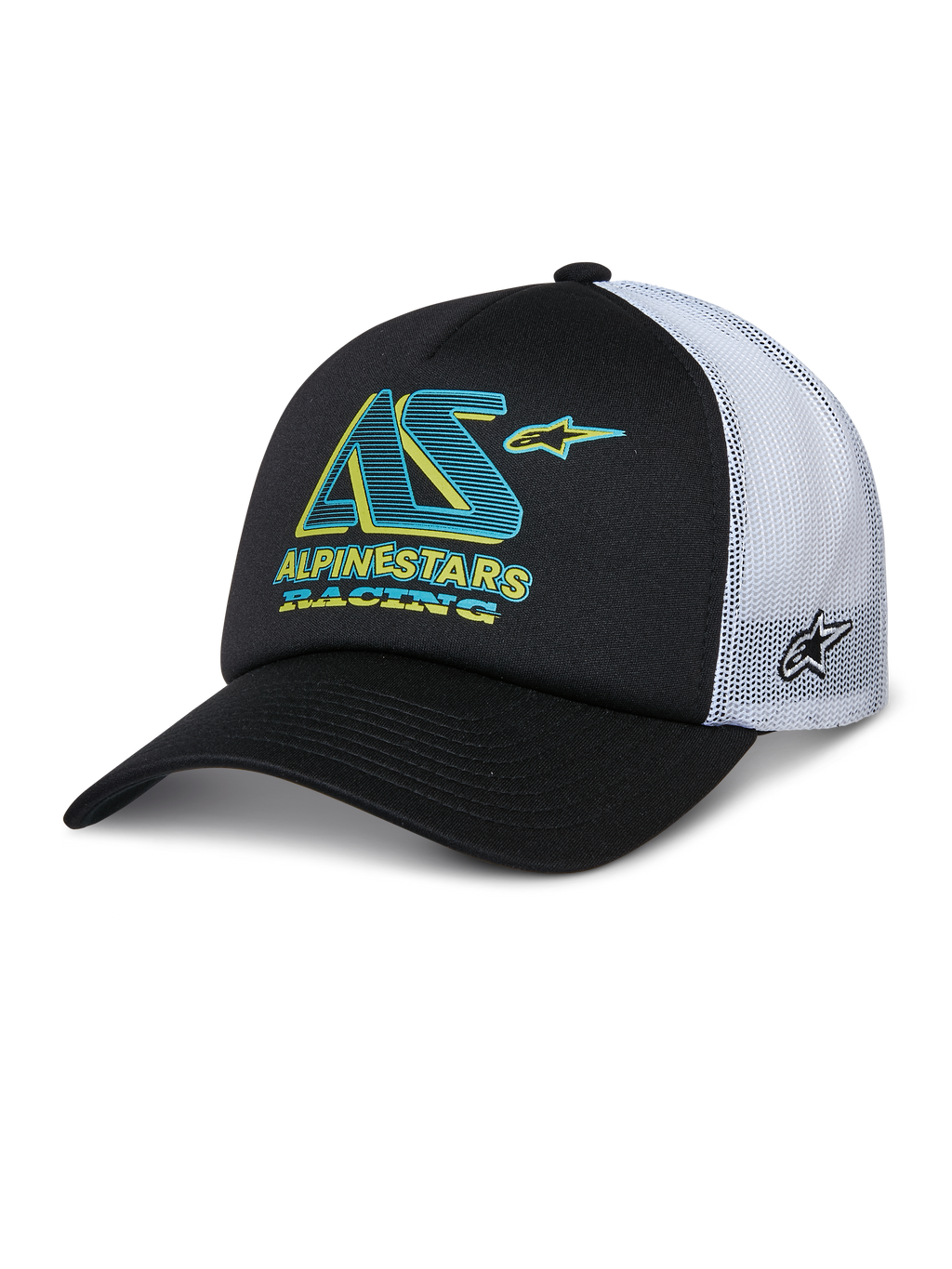 Casquette Alpinestars Ayess Trucker Hat, casquette trucker noire et blanche, visière courbée, panneaux arrière en mesh blanc, logo AS bleu sarcelle et jaune avec texte Alpinestars Racing, logo étoile latéral sur le mesh, vêtement de sport décontracté motorsport