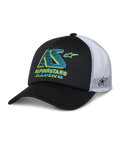 Casquette Alpinestars Ayess Trucker Hat, casquette trucker noire et blanche, visière courbée, panneaux arrière en mesh blanc, logo AS bleu sarcelle et jaune avec texte Alpinestars Racing, logo étoile latéral sur le mesh, vêtement de sport décontracté motorsport