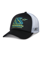 Casquette Alpinestars Ayess Trucker Hat, casquette trucker noire et blanche, visière courbée, panneaux arrière en mesh blanc, logo AS bleu sarcelle et jaune avec texte Alpinestars Racing, logo étoile latéral sur le mesh, vêtement de sport décontracté motorsport
