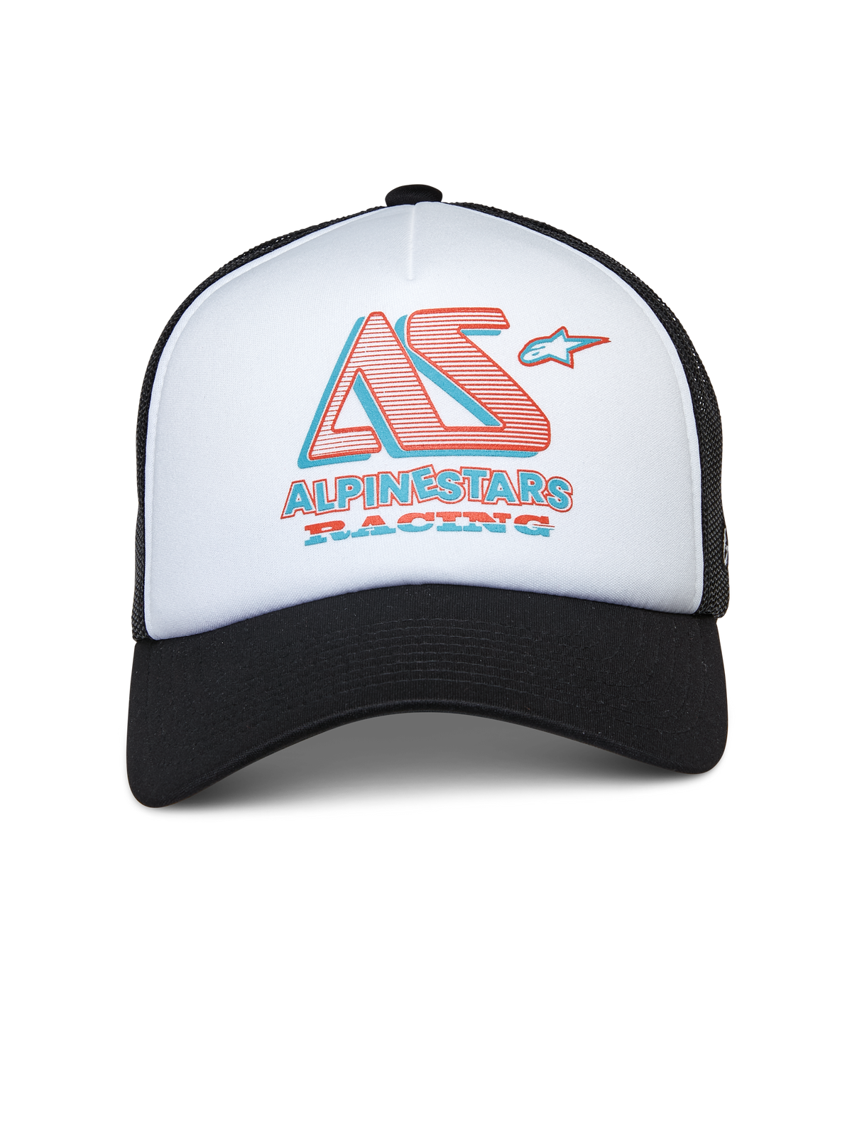 Casquette Trucker Alpinestars Ayess, casquette trucker blanche et noire, panneau avant en mousse blanche avec visière courbée noire et filet à l'arrière, logo AS stylisé et logo Alpinestars Racing en rouge et bleu, streetwear décontracté inspiré du sport automobile