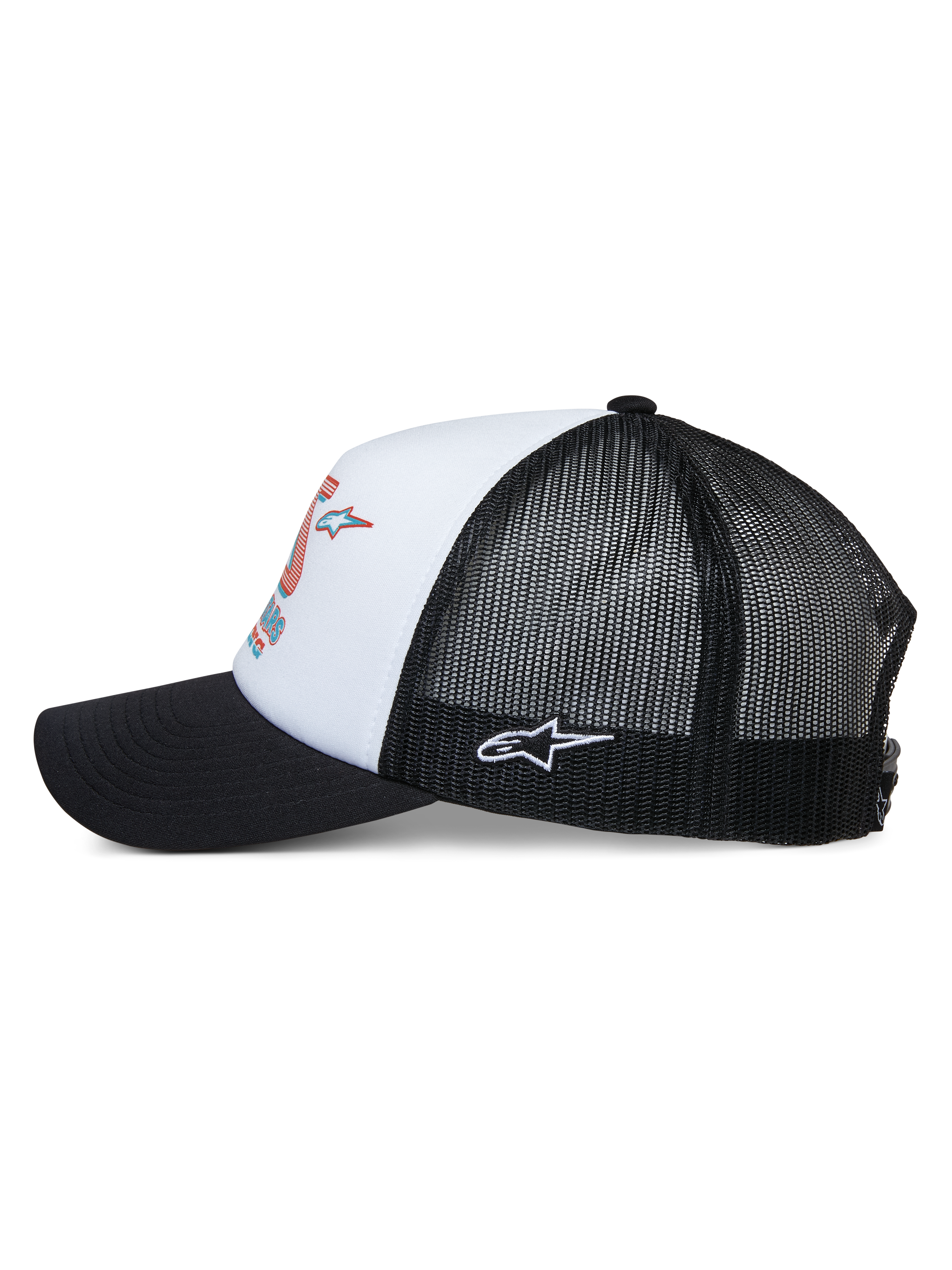 Alpinestars Ayess Trucker Hat, side view, white foam crown with colorful racing print, black curved bill, black mesh back panels with white embroidered Astar logo on the side, casual motorsport-inspired headwear