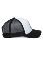Alpinestars Ayess Trucker Hat, White and Black, side view featuring a curved black bill, white foam crown with front logo print, and breathable black mesh back, casual motorsport headwear