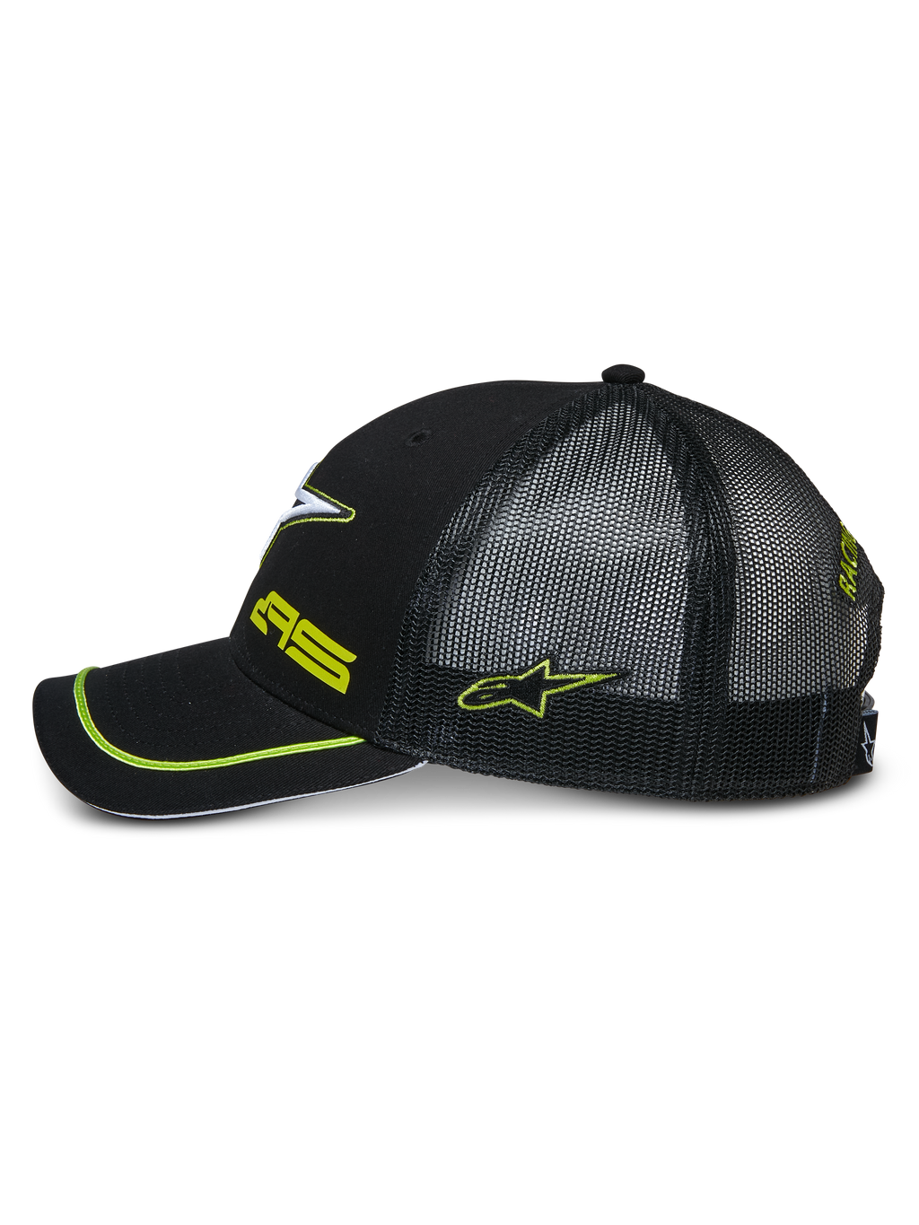 Alpinestars Exceed Trucker Hat, side profile of a black snapback cap, featuring a black mesh back, curved bill with neon green piping, neon green embroidered logos, casual motorsport headwear