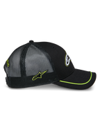 Alpinestars Exceed Trucker Hat, Side View, Black with Lime Green Accents, Mesh Back Panels, Curved Bill with Lime Green Sutache Trim, Embroidered Side Logo, Casual Motorsport Headwear