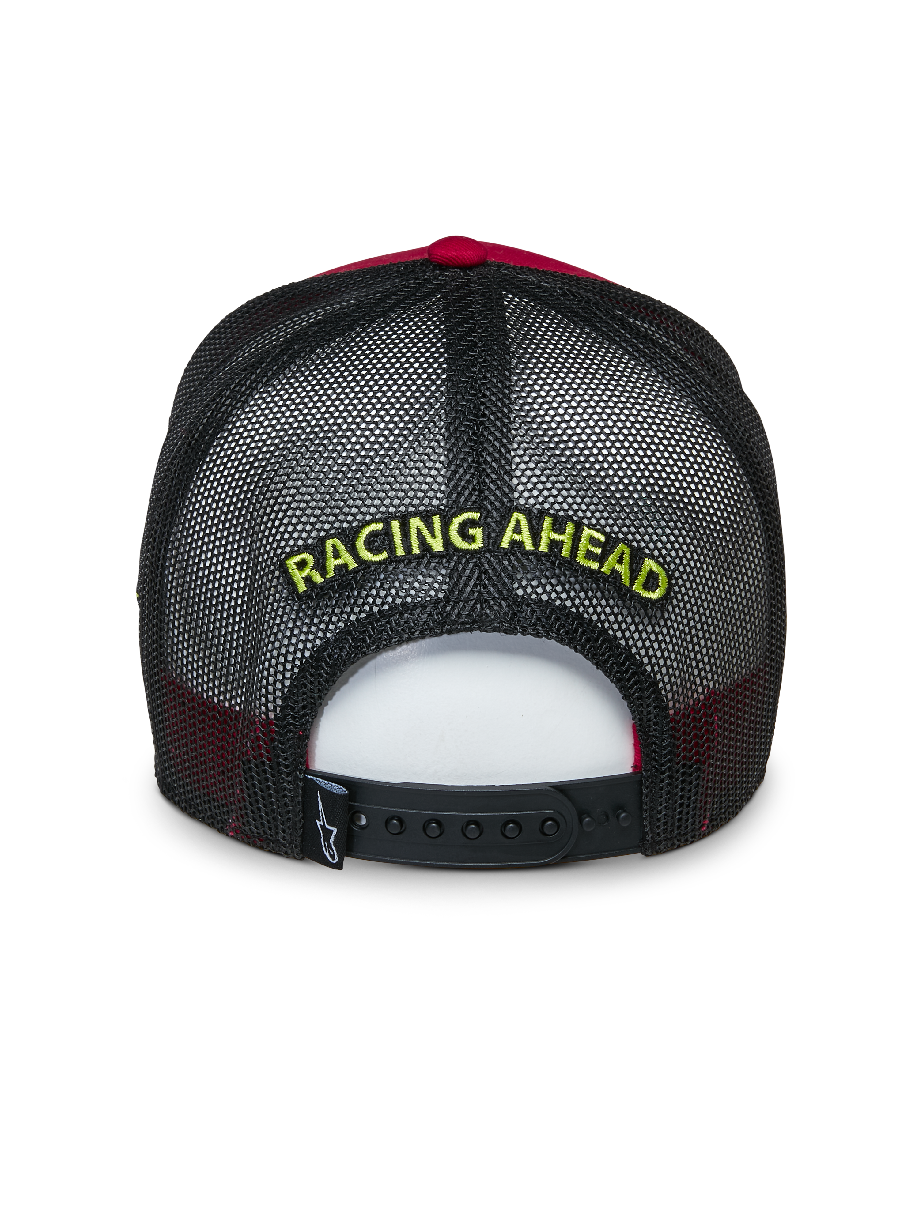 Alpinestars Exceed Trucker Hat, Rear View, Red and Black, features yellow "RACING AHEAD" embroidery on black mesh, adjustable snapback closure, casual sportswear headwear