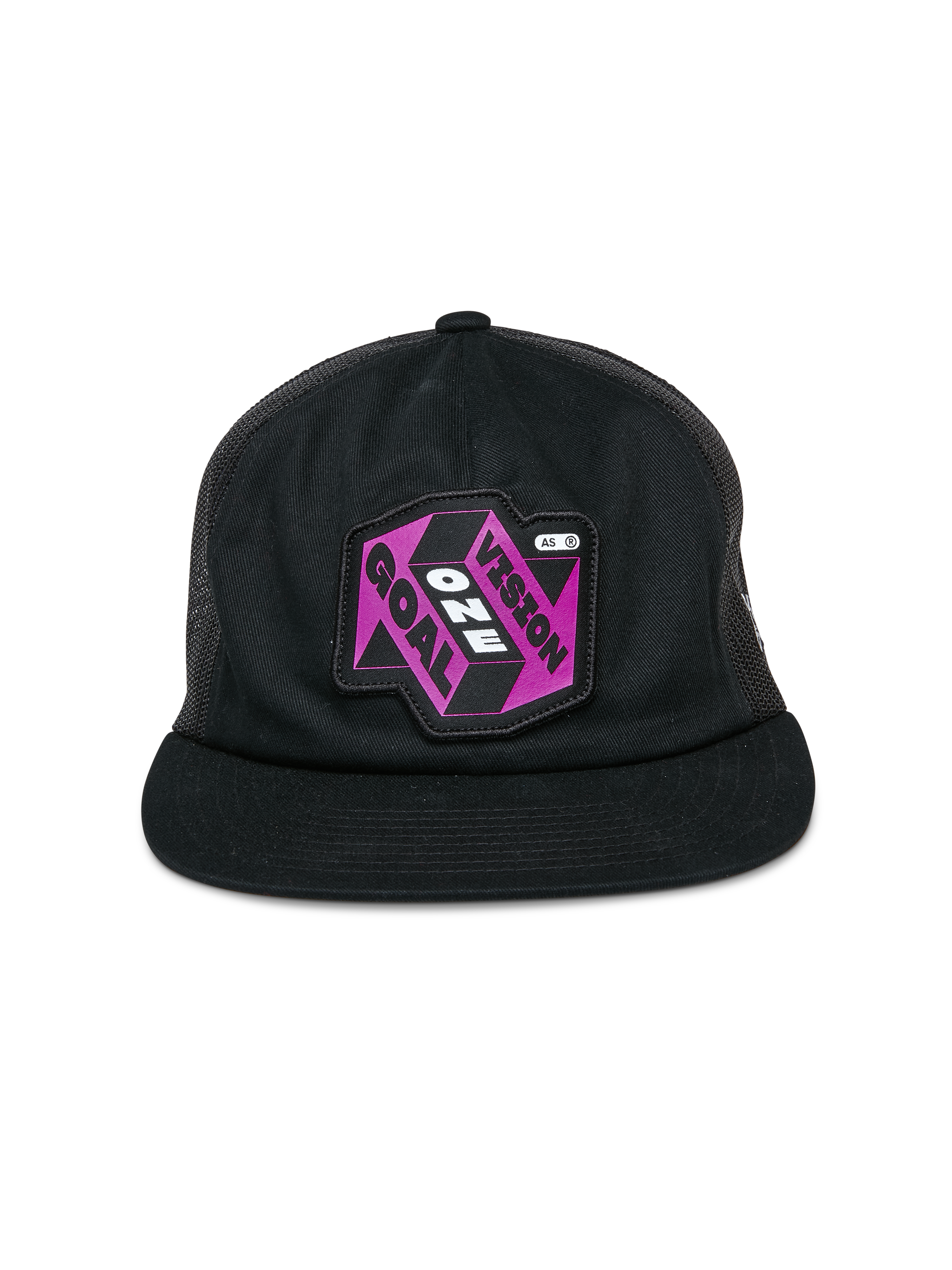 Casquette Trucker Alpinestars That Way, casquette trucker noire, dotée d'un écusson graphique violet et noir avec le texte « One Vision One Goal », visière plate, couronne structurée et panneaux arrière en mesh, couvre-chef décontracté inspiré des sports mécaniques