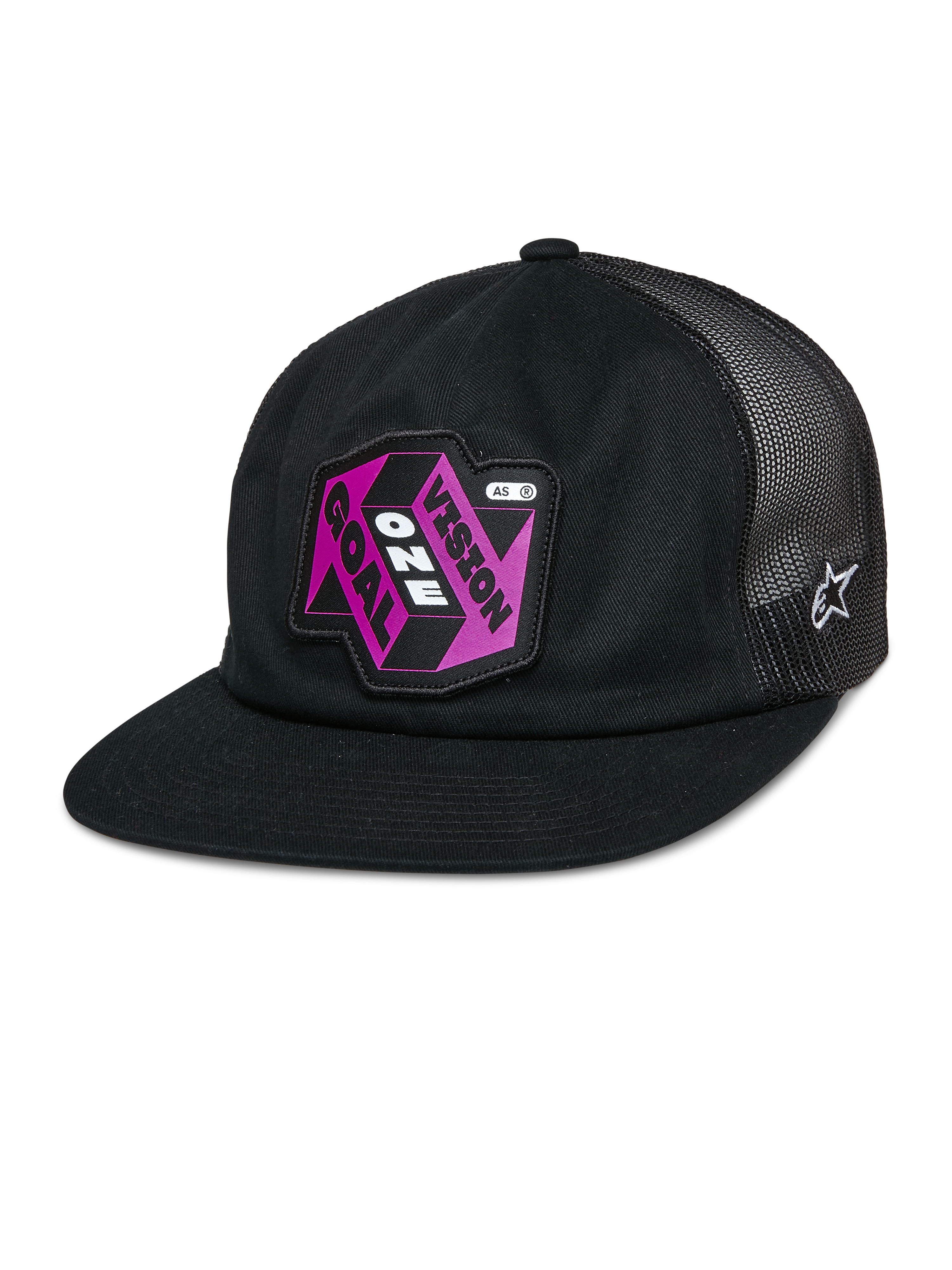 Alpinestars That Way Trucker Hat, casquette snapback noire avec arrière en mesh, visière plate, patch rose et violet « Vision One Goal », logo étoile Alpinestars blanc, sportswear décontracté