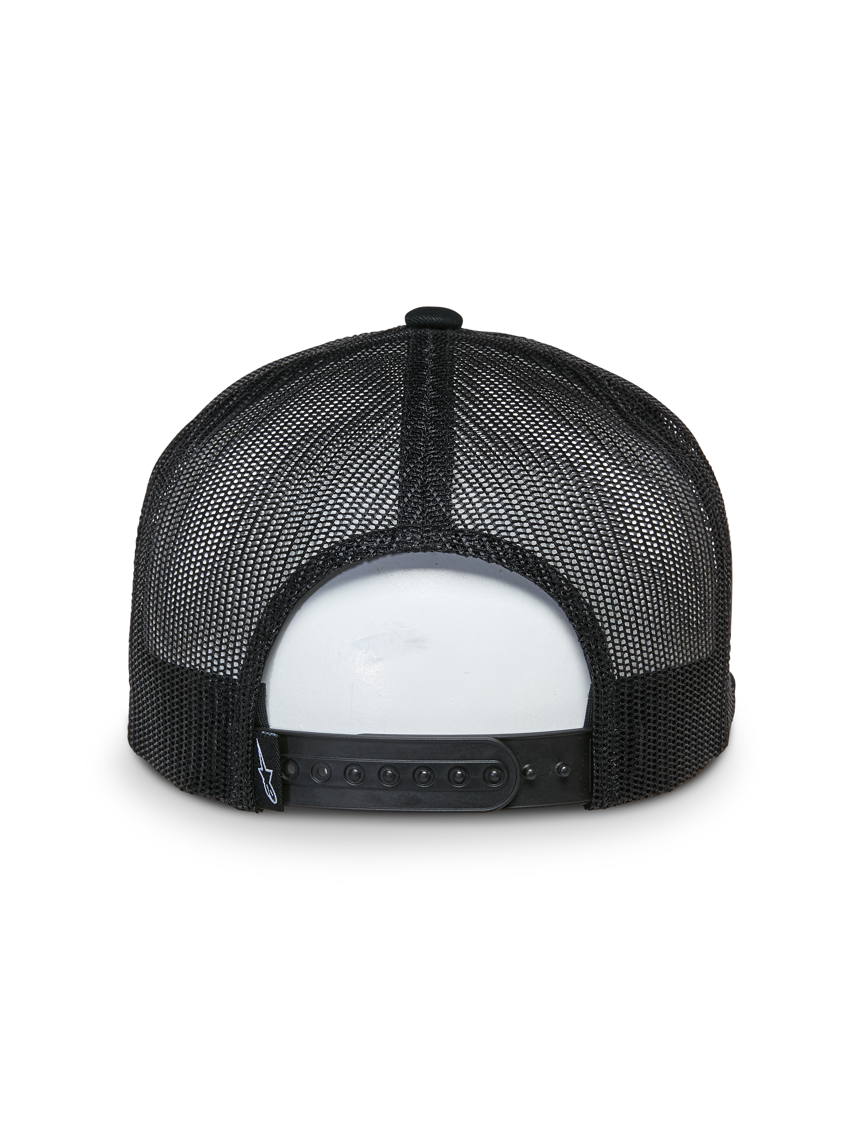 Casquette Trucker Alpinestars That Way, vue arrière, noire, panneaux arrière en mesh avec fermeture snapback réglable, petite étiquette logo tissée, couvre-chef décontracté inspiré du sport automobile