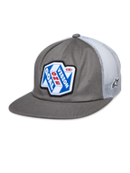 Alpinestars That Way Trucker Hat, Gray and White Snapback Cap with Mesh Back, Blue and White graphic patch featuring 'ONE GOAL VISION' in Red and White, Flat bill, small star logo on mesh, Casual Motorsport Style