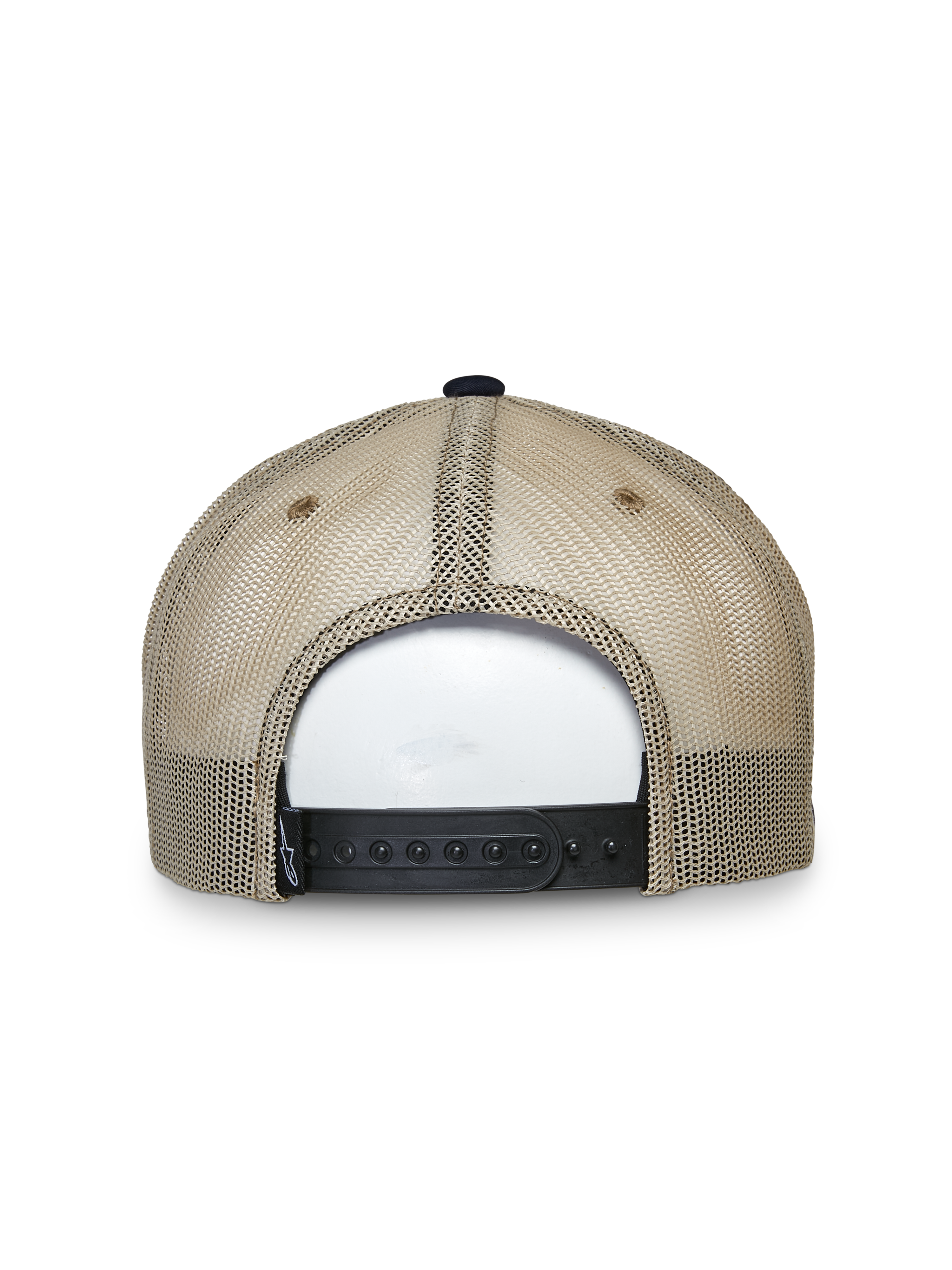 Casquette Trucker Mackinic Alpinestars, casquette trucker, bleu marine et kaki, vue arrière présentant des panneaux en maille beige et une fermeture snapback noire réglable, accessoire lifestyle décontracté