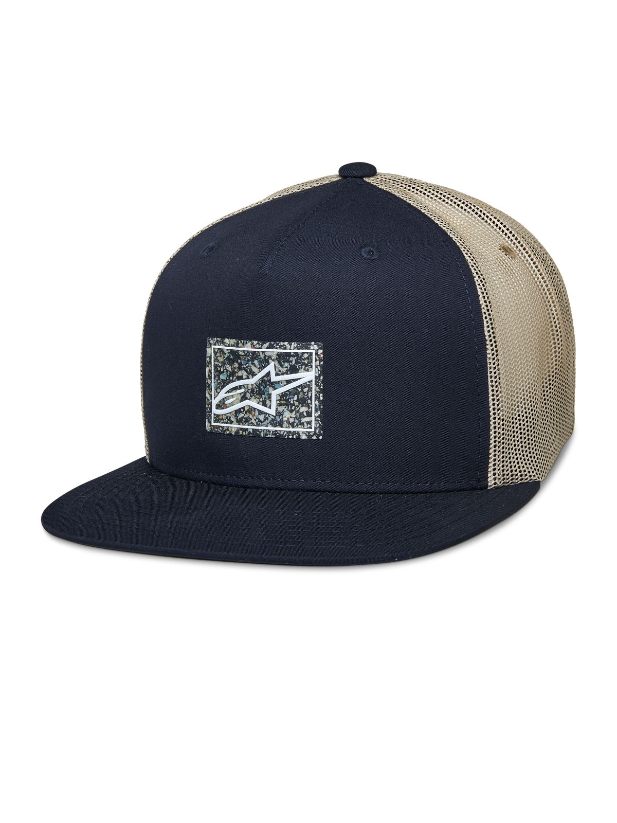 Casquette trucker Alpinestars Mackinic, casquette snapback à visière plate, mesh bleu marine et kaki, dotée d'un patch logo carré à l'avant avec fond moucheté, couvre-chef lifestyle décontracté