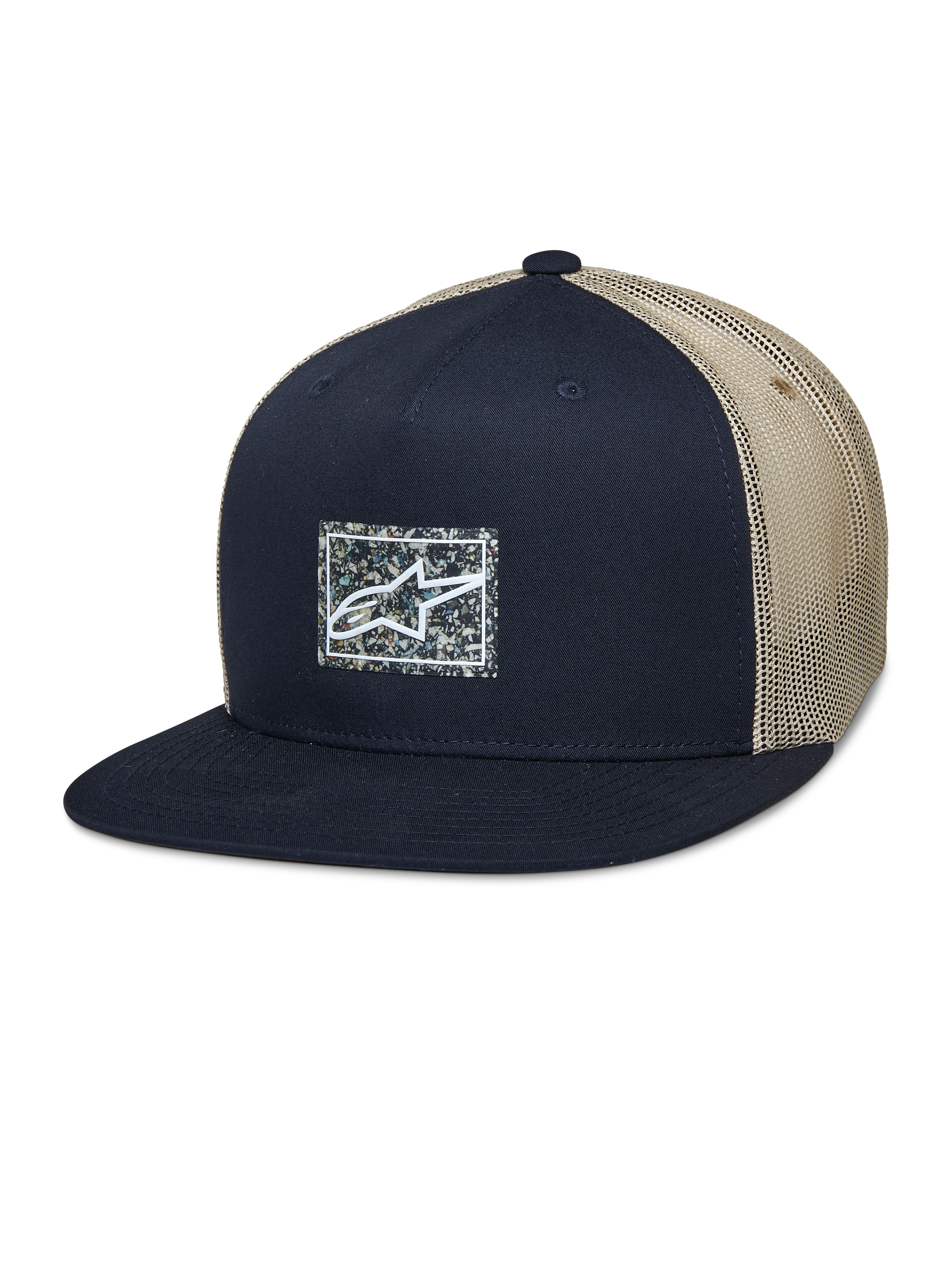 Casquette trucker Alpinestars Mackinic, casquette snapback à visière plate, mesh bleu marine et kaki, dotée d'un patch logo carré à l'avant avec fond moucheté, couvre-chef lifestyle décontracté