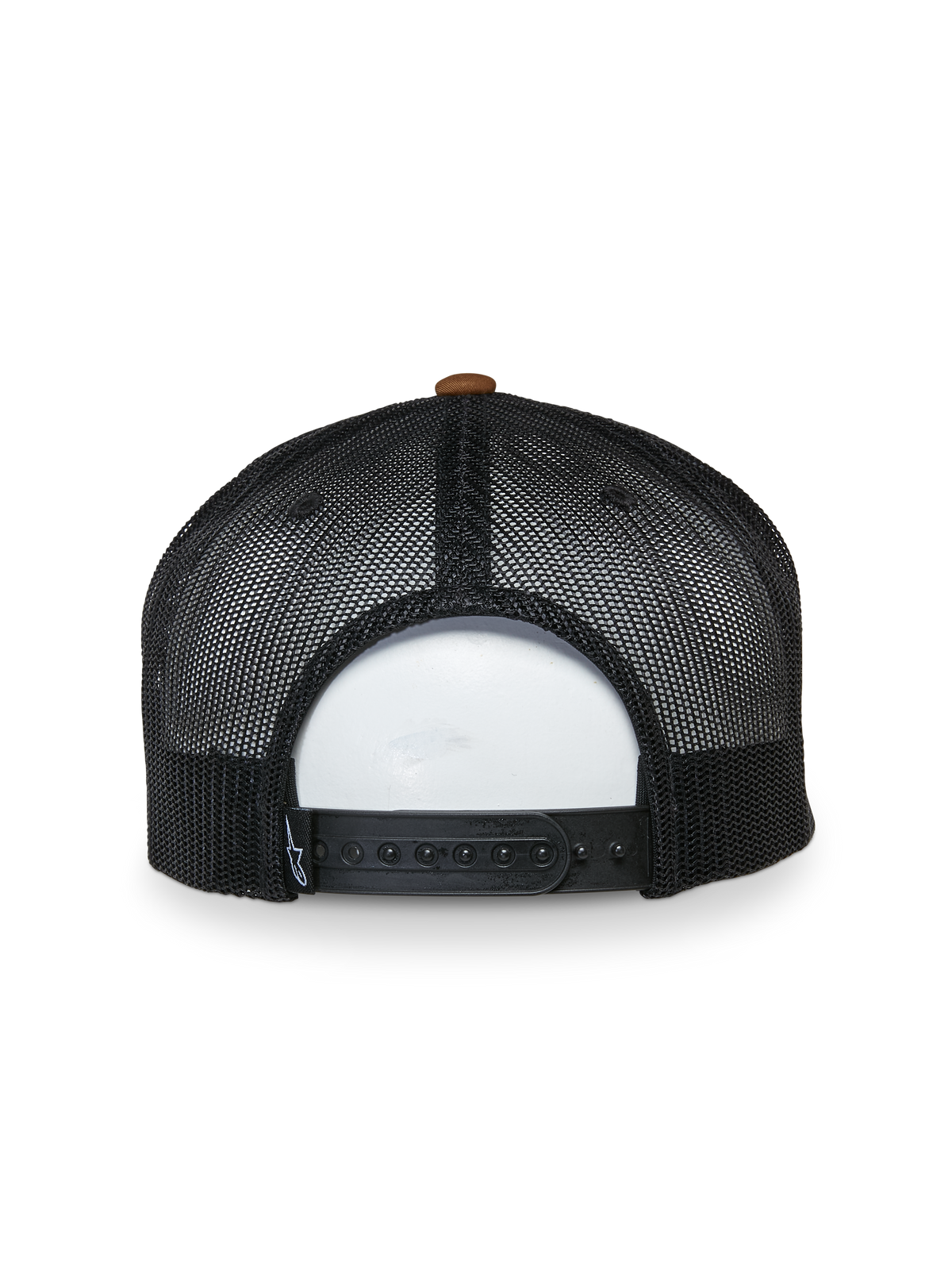 Casquette Trucker Mackinic Alpinestars, vue arrière, panneaux en maille filet noire avec bouton supérieur marron, fermeture snapback réglable, accessoire de sportswear décontracté