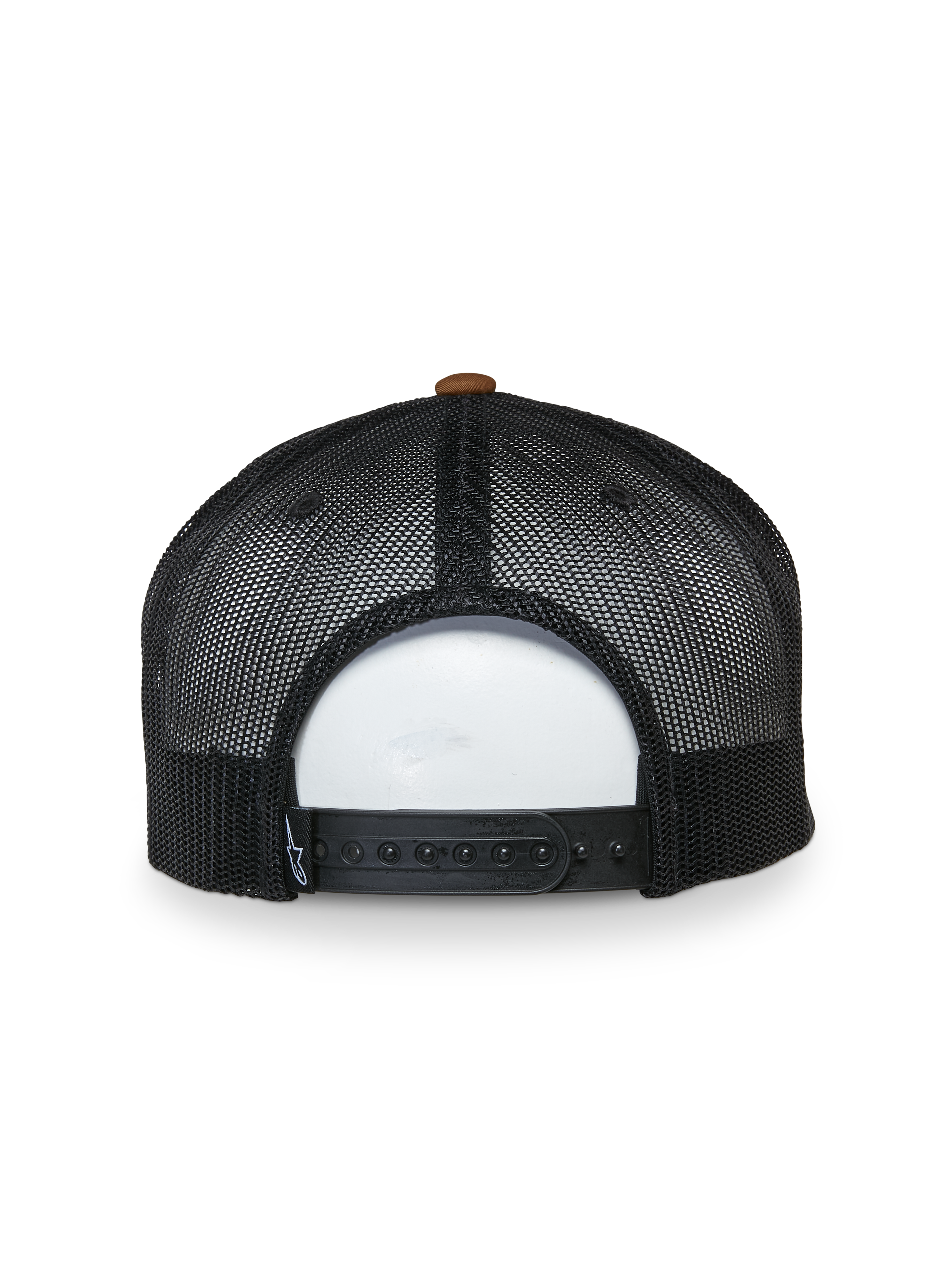 Casquette Trucker Mackinic Alpinestars, vue arrière, panneaux en maille filet noire avec bouton supérieur marron, fermeture snapback réglable, accessoire de sportswear décontracté