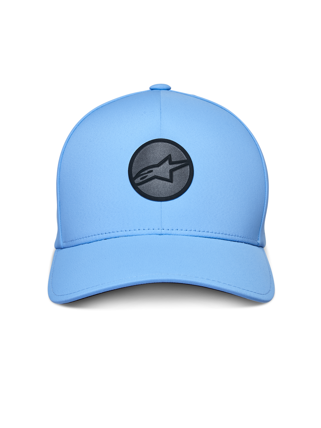 Casquette Alpinestars Apex, Casquette Sportswear, Bleu clair, avec un logo circulaire noir réfléchissant à l'avant, une visière courbée, une couronne structurée et une construction technique collée sans couture