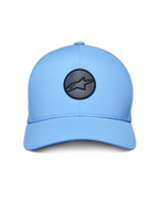 Casquette Alpinestars Apex, Casquette Sportswear, Bleu clair, avec un logo circulaire noir réfléchissant à l'avant, une visière courbée, une couronne structurée et une construction technique collée sans couture