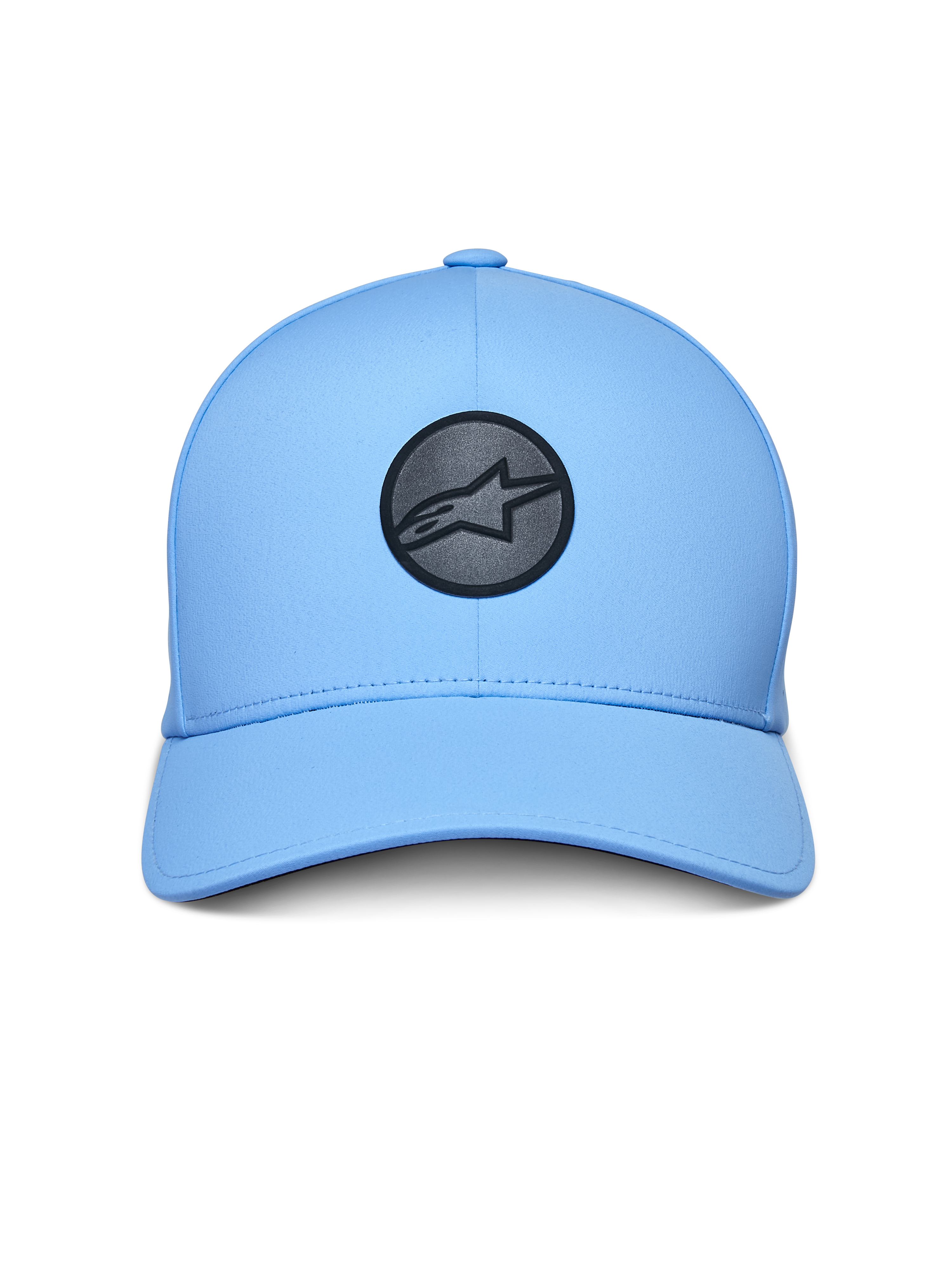 Casquette Alpinestars Apex, Casquette Sportswear, Bleu clair, avec un logo circulaire noir réfléchissant à l'avant, une visière courbée, une couronne structurée et une construction technique collée sans couture