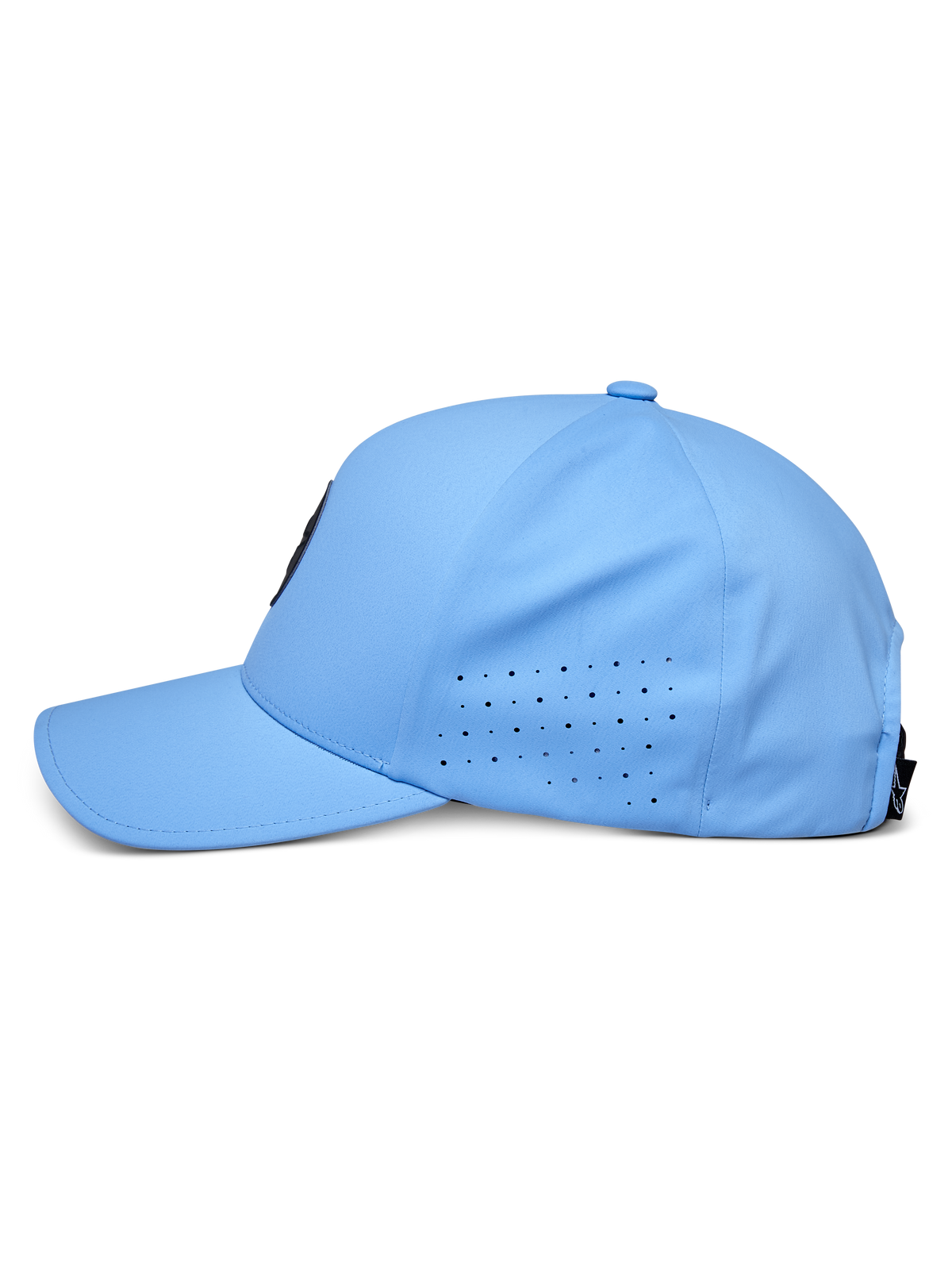 Casquette Apex Alpinestars, bleue, vue de profil, visière courbée avec panneaux latéraux perforés pour la ventilation, tissu technique évacuant l'humidité, couvre-chef de performance inspiré du sport automobile