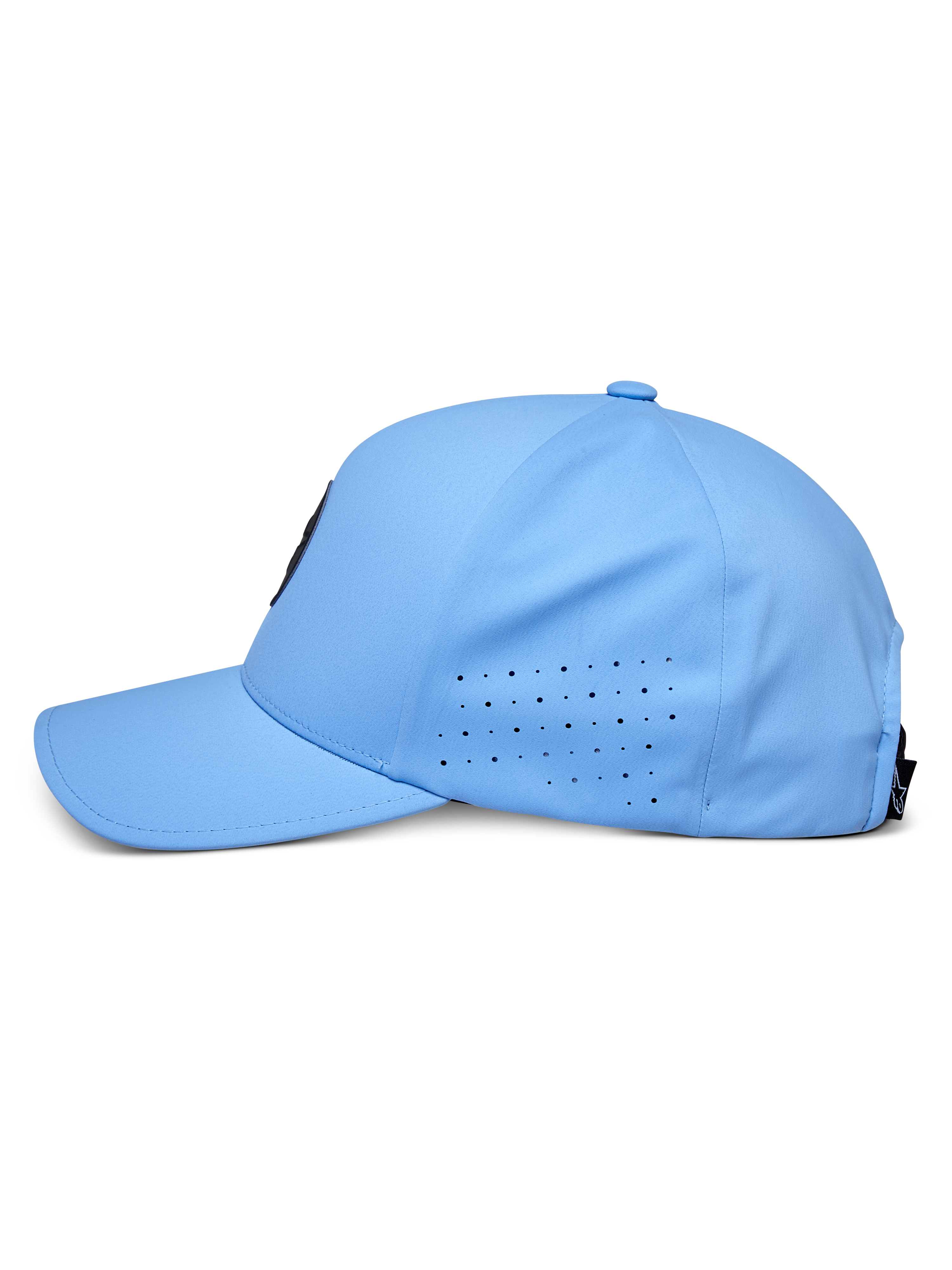Casquette Apex Alpinestars, bleue, vue de profil, visière courbée avec panneaux latéraux perforés pour la ventilation, tissu technique évacuant l'humidité, couvre-chef de performance inspiré du sport automobile