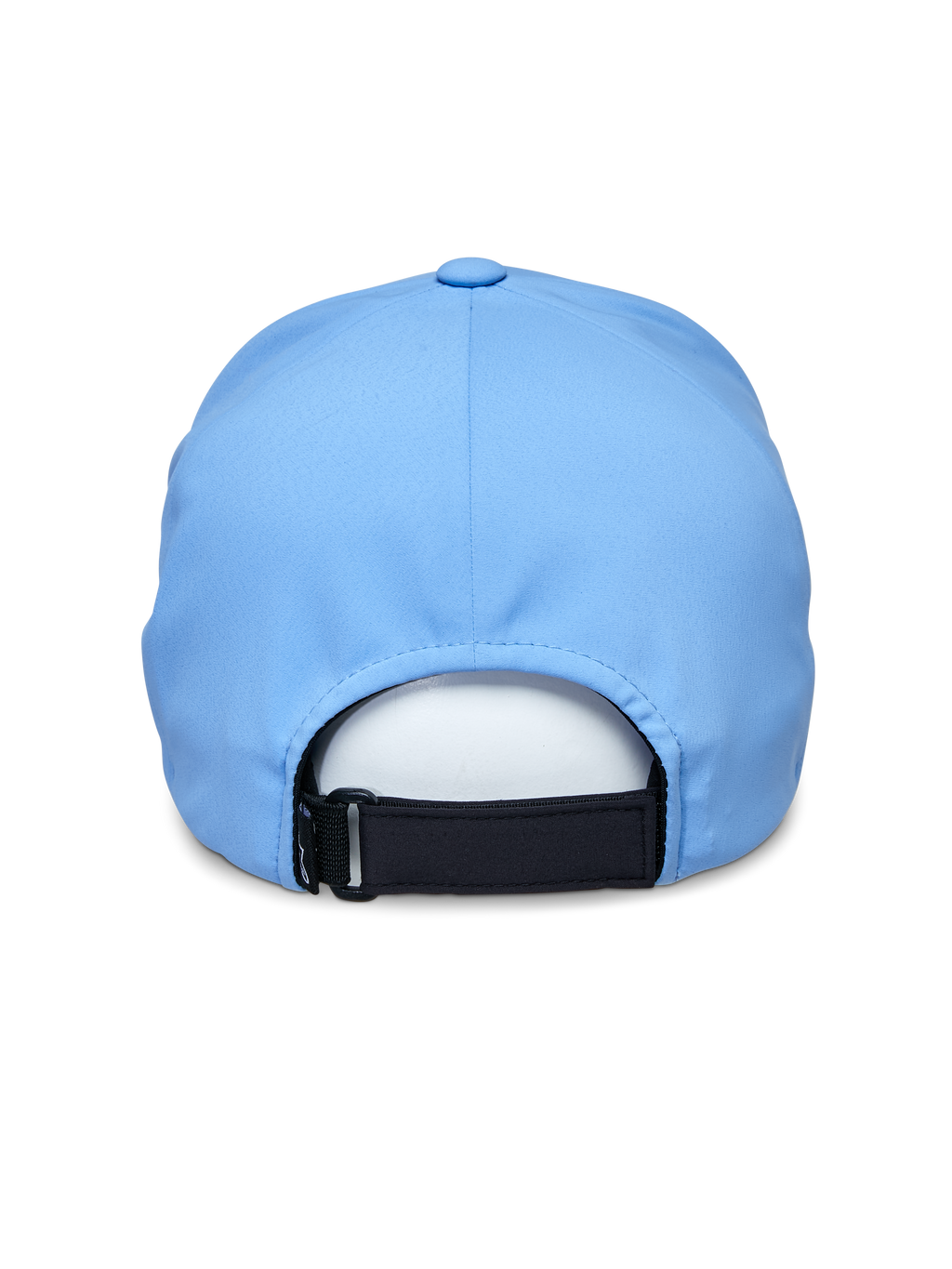 Casquette Alpinestars Apex, bleue, vue arrière avec sangle Velcro réglable noire, construction de couronne lisse sans couture, tissu technique évacuant l'humidité, casquette de sport haute performance