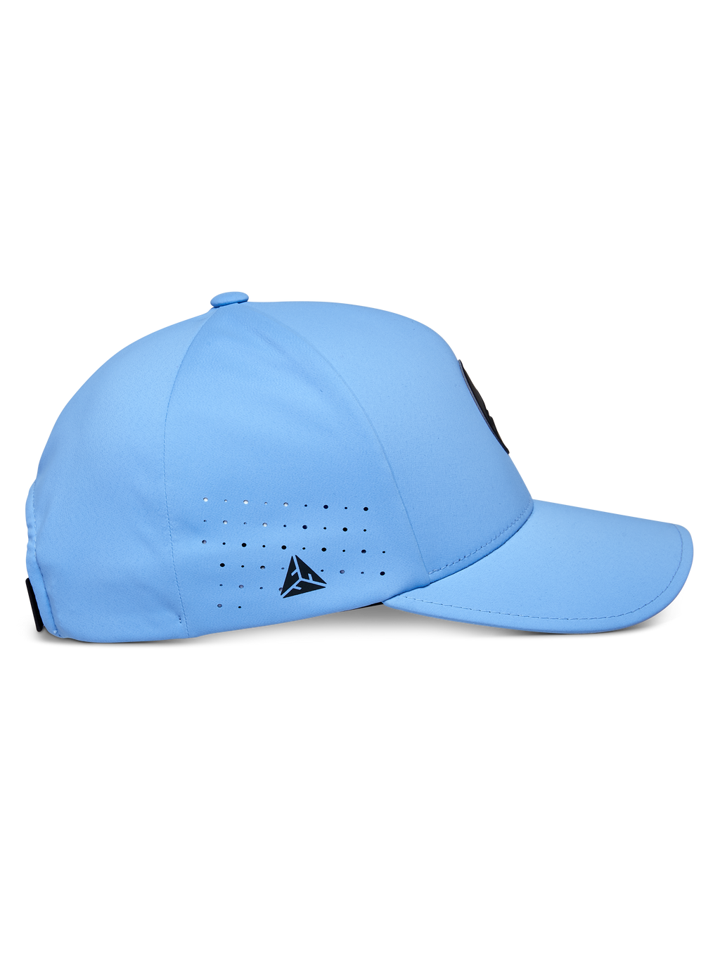 Casquette Alpinestars Apex, bleu, casquette de baseball technique, profil latéral présentant une visière courbée et une couronne structurée, perforations de ventilation découpées au laser avec un petit logo triangulaire noir, tissu moderne évacuant l'humidité